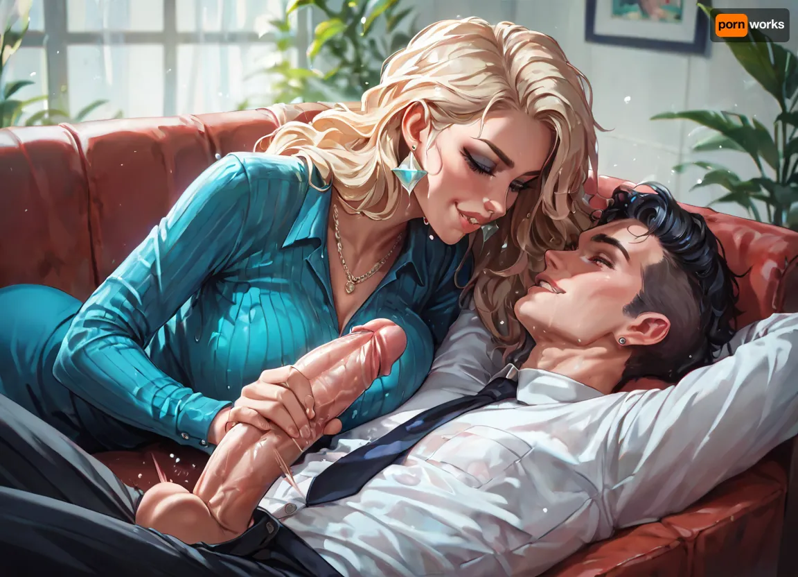 1boy, 1girl, side view, score_9, score_8_up, score_7_up, man is laying on sofa in psychologist office, his hands behind his head, huge dick, handjob, fast strocking, motion blur, biting her own lips