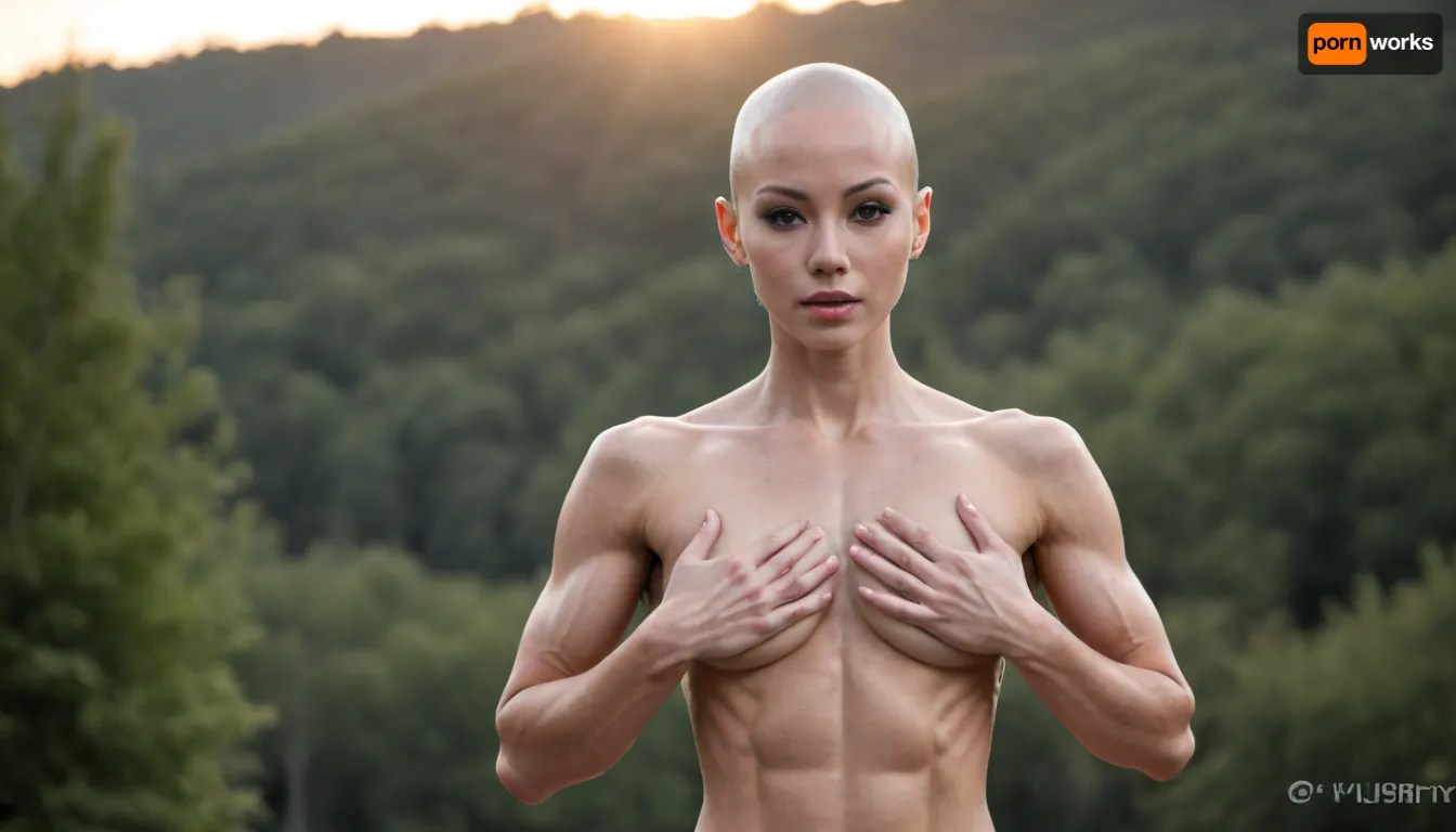chinese girl, 25 year old, shaolin monk, (anatomic correct hands:1.9), (big breasts:1.1), topless, (baldhead:1.5), (oiled body:1.2), china, sunset, shaolin robe, shaolin kung fu fighting pose, full body, uberfit, muscular, athletic, NEGATIVE_HANDS, <lora:uberfit_lora_sdxl:1.2>