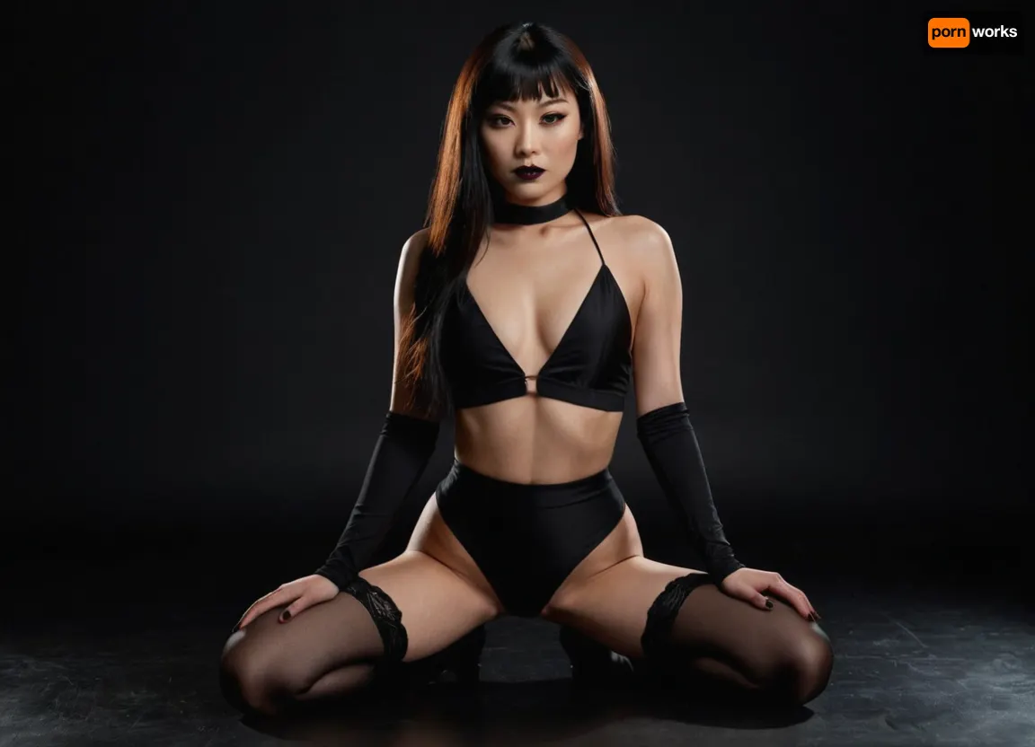 Actress Hana Mae Lee sensual figure, smooth glowing skin, brown eyes, blank semi-long hair, kneeling on a soft surface. Her back is slightly arched, hands resting on her thighs, a tattoo small at her left leg, a goth style makeup, black lipstick, black painted eyes, head tilted gently to the side with an alluring expression. Shot in a minimalist studio with dramatic lighting that creates subtle shadows across her body, ultra-detailed photorealism, perfect anatomy, lifelike detail, cinematic photography, 8K HDR..