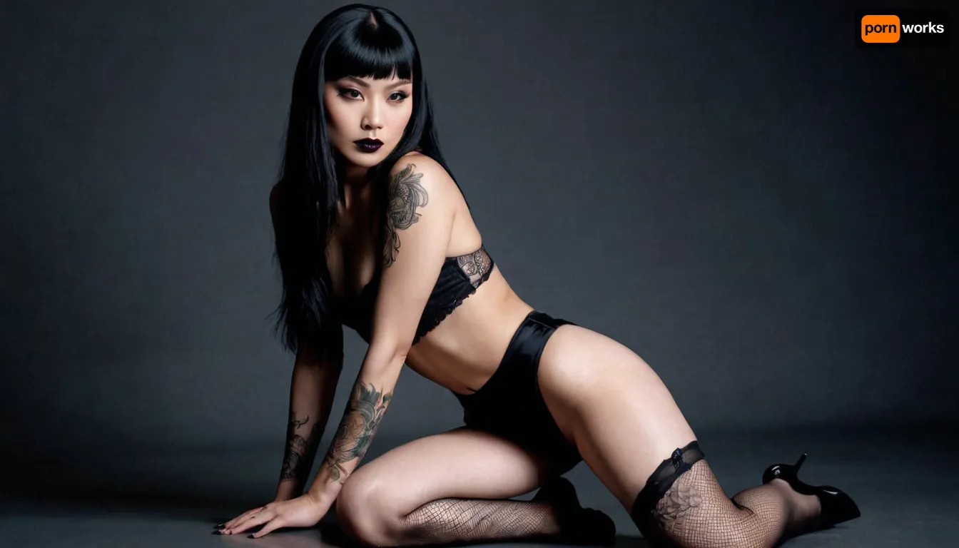 Actress Hana Mae Lee sensual figure, smooth glowing skin, brown eyes, blank semi-long hair, kneeling on a soft surface. Her back is slightly arched, hands resting on her thighs, a tattoo small at her left leg, a goth style makeup, black lipstick, black painted eyes, head tilted gently to the side with an alluring expression. Shot in a minimalist studio with dramatic lighting that creates subtle shadows across her body, ultra-detailed photorealism, perfect anatomy, lifelike detail, cinematic photography, 8K HDR..