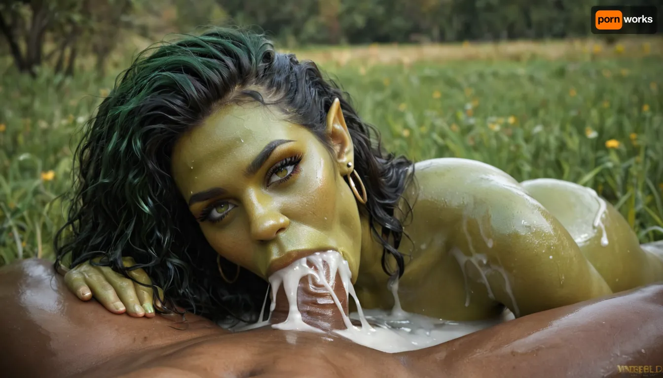 orc green skin lying on the meadow, gigantic long horse cock, Orc girl green skin in front of the orc's belly with his penis in her mouth, blowjob, deepthroat, excessive cum, massage, oiled