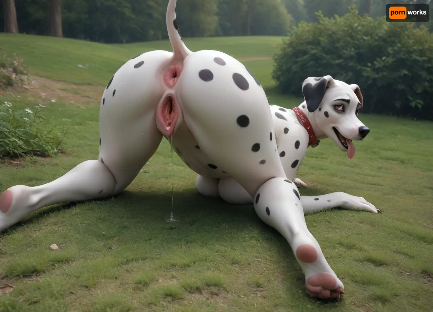 grass park scene, full body, ass up aggressively, huge tits, huge doggy pussy, ((((perfect solo dog)))), perfect Sexy dog Dalmatian female, very big ass, ((seductive sexy dog body)), perfect dog with huge ass cheeks, tight butthole, detailed fur, tail, pink eyes, tongue out, drooling, spread legs, gaping pussy focus, excessive wet pussy, massive boobs, perfect black anus, dogs pussy, (black dalmatian genitals), (((perfect Dalmatian))), (((charming look of the dog))), On all fours, (((rear view))), (((((((perfect detailing))))))), <lora:outline_xl_kohaku_delta_spv5x:.5>