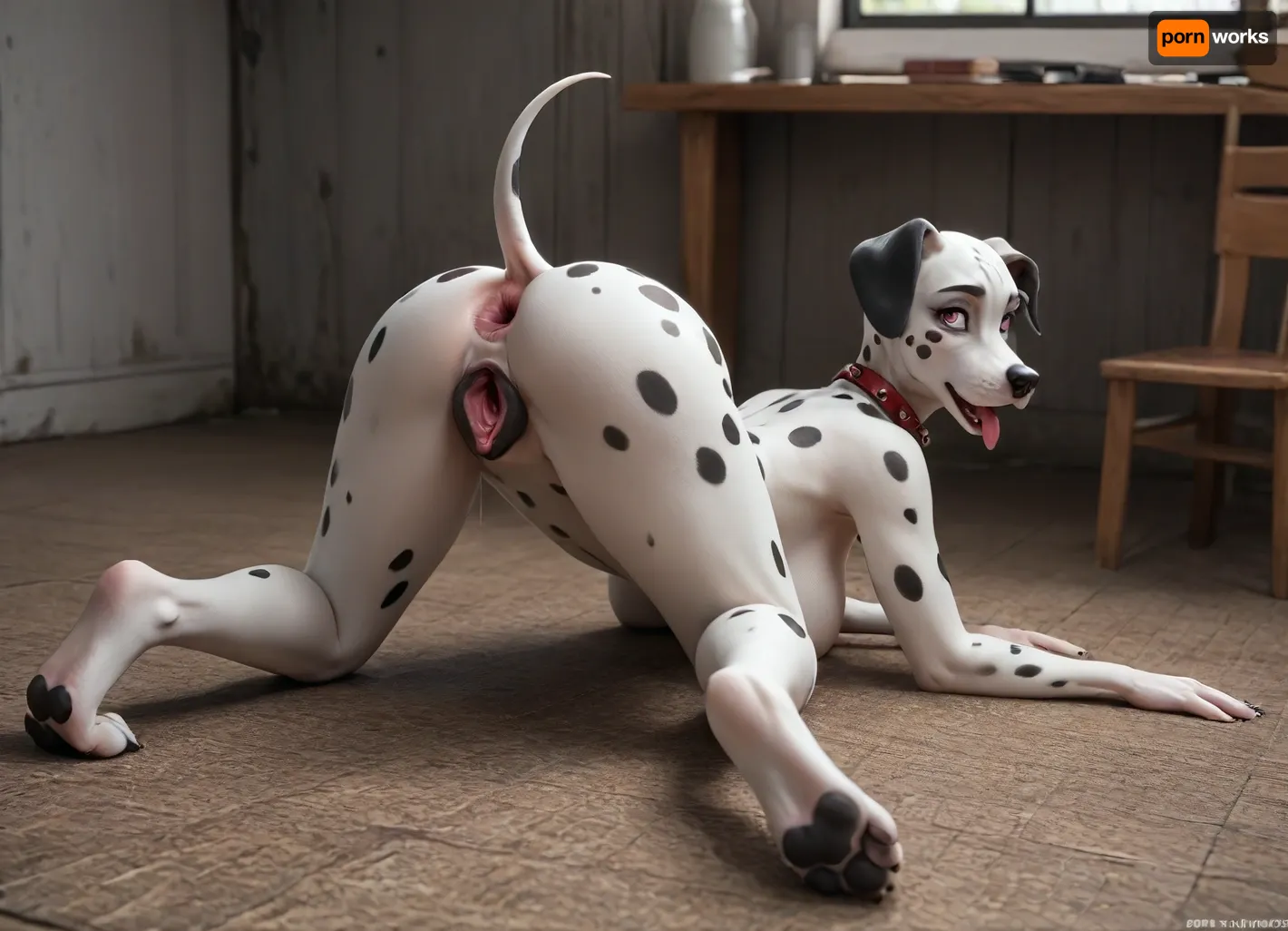 field scene, full body, ass up aggressively, huge tits, (((perfect feminine seductive dog fucked by a mustular male))), ((((perfect solo dog)))), perfect Sexy dog Dalmatian female, very big ass, ((seductive sexy dog body)), perfect busty and big ass dog, detailed fur, tail, pink eyes, tongue out, drooling, spread legs, gaping pussy focus, excessive wet pussy, massive boobs, perfect black anus, dogs pussy, (black dalmatian genitals), (((perfect Dalmatian))), (((charming look of the dog))), On all fours, (((rear view))), (((((((perfect detailing))))))), <lora:outline_xl_kohaku_delta_spv5x:.5>