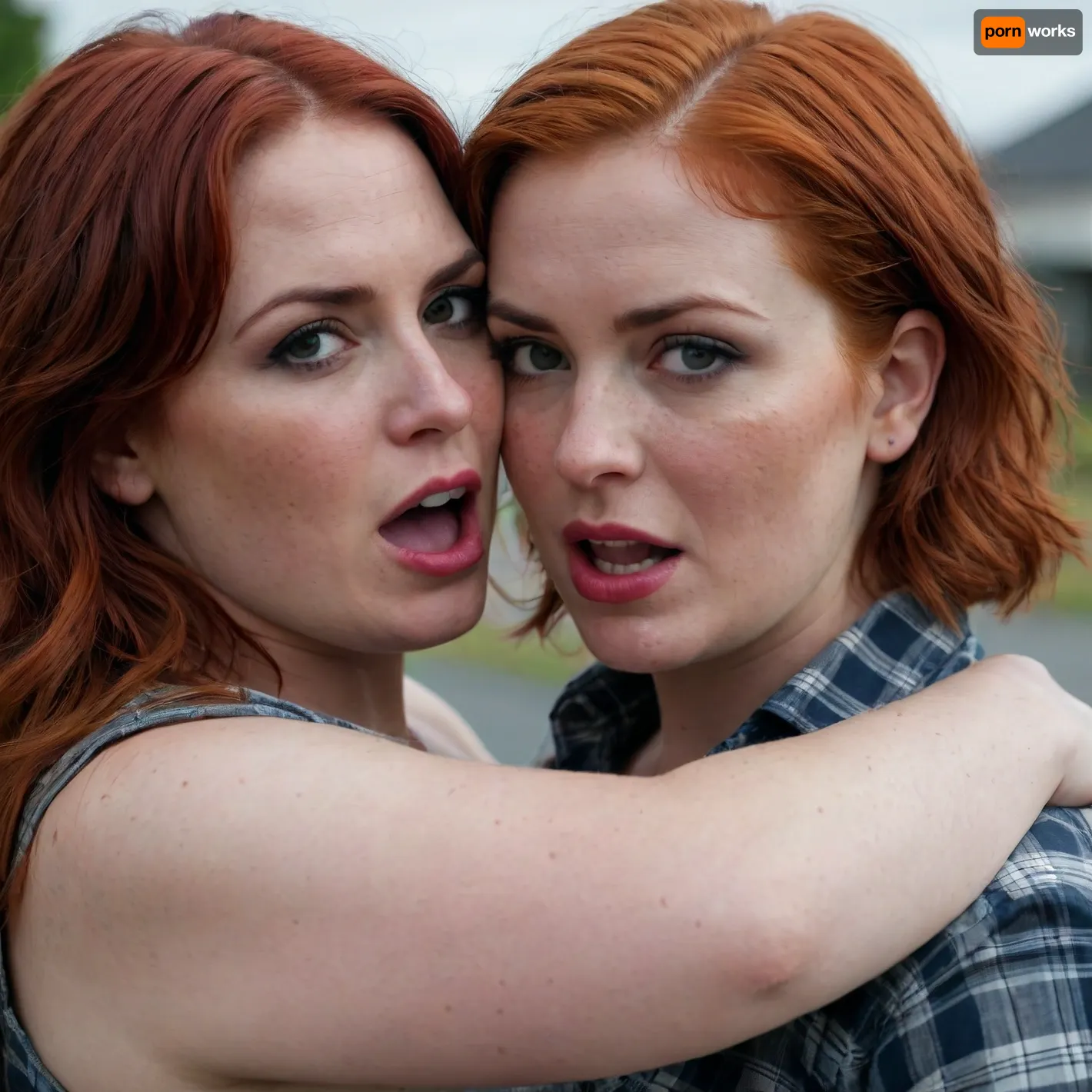 Short, wet red hair, huge breasts, curvy figure, plaid shirt, sleeves rolled up on forearms, very freckled, angry face, large mouth with full lips, brown eyes, Evil look, A redheaded curvy woman is passionately and obscenely hugged and kissed by another lesbian woman black-hair