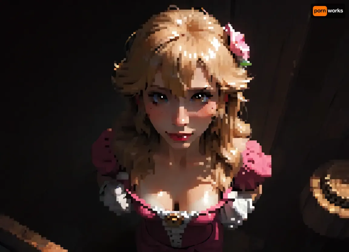 score_9, score_8_up, score_7_up, Princess Peach, A beautiful cartoon-style princess with long flowing blonde hair, white and pale skin, medium natural breasts, tan lines, skinny body, tall, thin waist, wide hips, thigh gap, barefoot, hairy pussy, freckles, brown eyes, perfect makeup, detailed skin texture, embarrassed smile, masterpiece, hyper realistic photo, full hd, 8K, camera shot, photoshoot casting, raw, overexposed, harsh, flash, qos outfit, looking, at, viewer, bird view, bird-view, <lora:dark:.5>, MASTERPIECE, best quality, amazing quality, high res, (incase style), pixelart, incase, style, pixel, art, <lora:pixel_stormXL:.3>, wearing a skimpy pink ball gown with puffed sleeves, deep cleavage, white gloves, and a jeweled crown, She has a kind and elegant expression, standing in a bright, whimsical fantasy castle setting inspired by classic Mario games, detailed Nintendo-like style., flashing tits, show boobs shirtpull, <lora:shirtpull_SDXL:2>