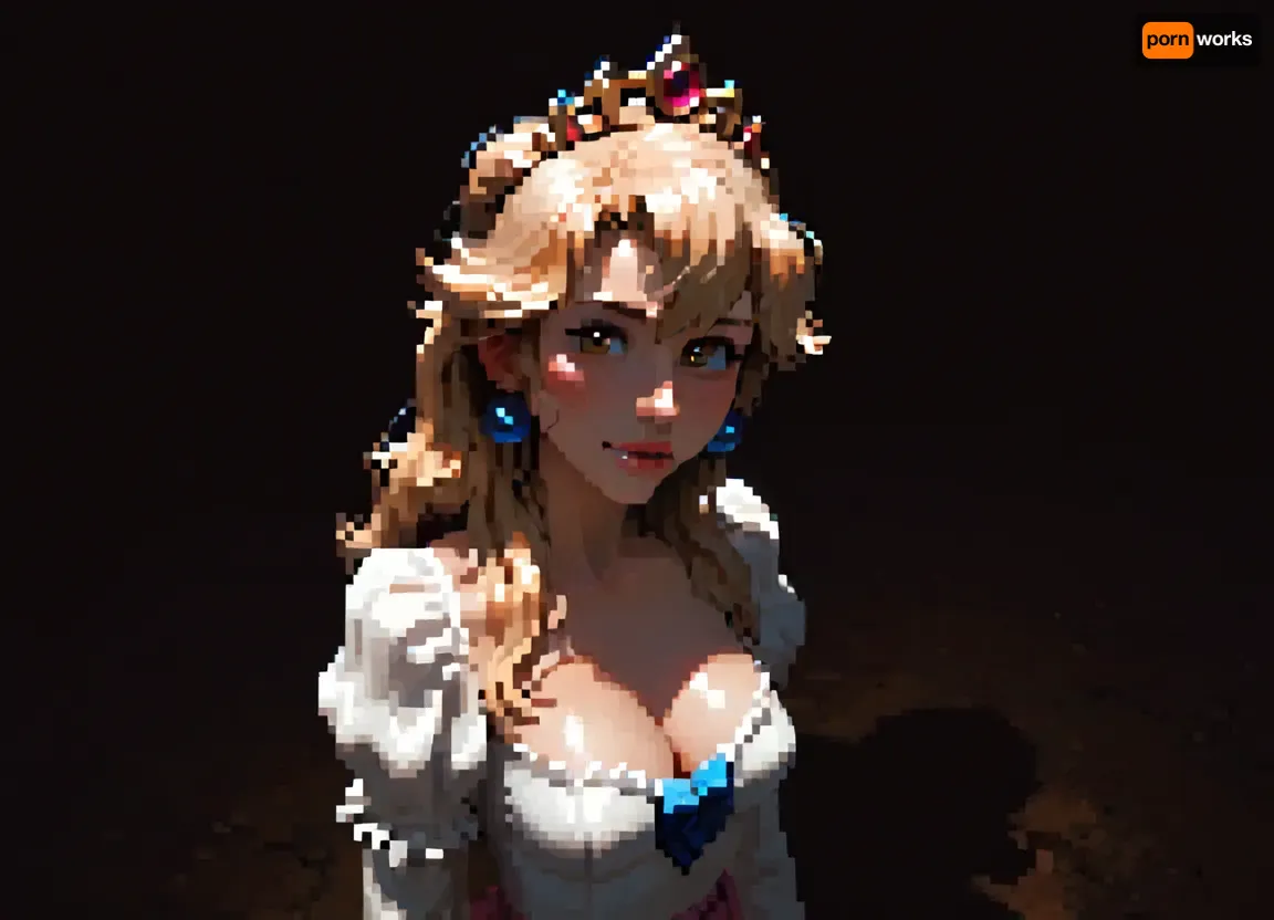 score_9, score_8_up, score_7_up, Princess Peach, A beautiful cartoon-style princess with long flowing blonde hair, white and pale skin, medium natural breasts, tan lines, skinny body, tall, thin waist, wide hips, thigh gap, barefoot, hairy pussy, freckles, brown eyes, perfect makeup, detailed skin texture, embarrassed smile, masterpiece, hyper realistic photo, full hd, 8K, camera shot, photoshoot casting, raw, overexposed, harsh, flash, qos outfit, looking, at, viewer, bird view, bird-view, <lora:dark:.5>, MASTERPIECE, best quality, amazing quality, high res, (incase style), pixelart, incase, style, pixel, art, <lora:pixel_stormXL:.3>, wearing a skimpy pink ball gown with puffed sleeves, deep cleavage, white gloves, and a jeweled crown, She has a kind and elegant expression, standing in a bright, whimsical fantasy castle setting inspired by classic Mario games, detailed Nintendo-like style., shirtpull, <lora:shirtpull_SDXL:2>