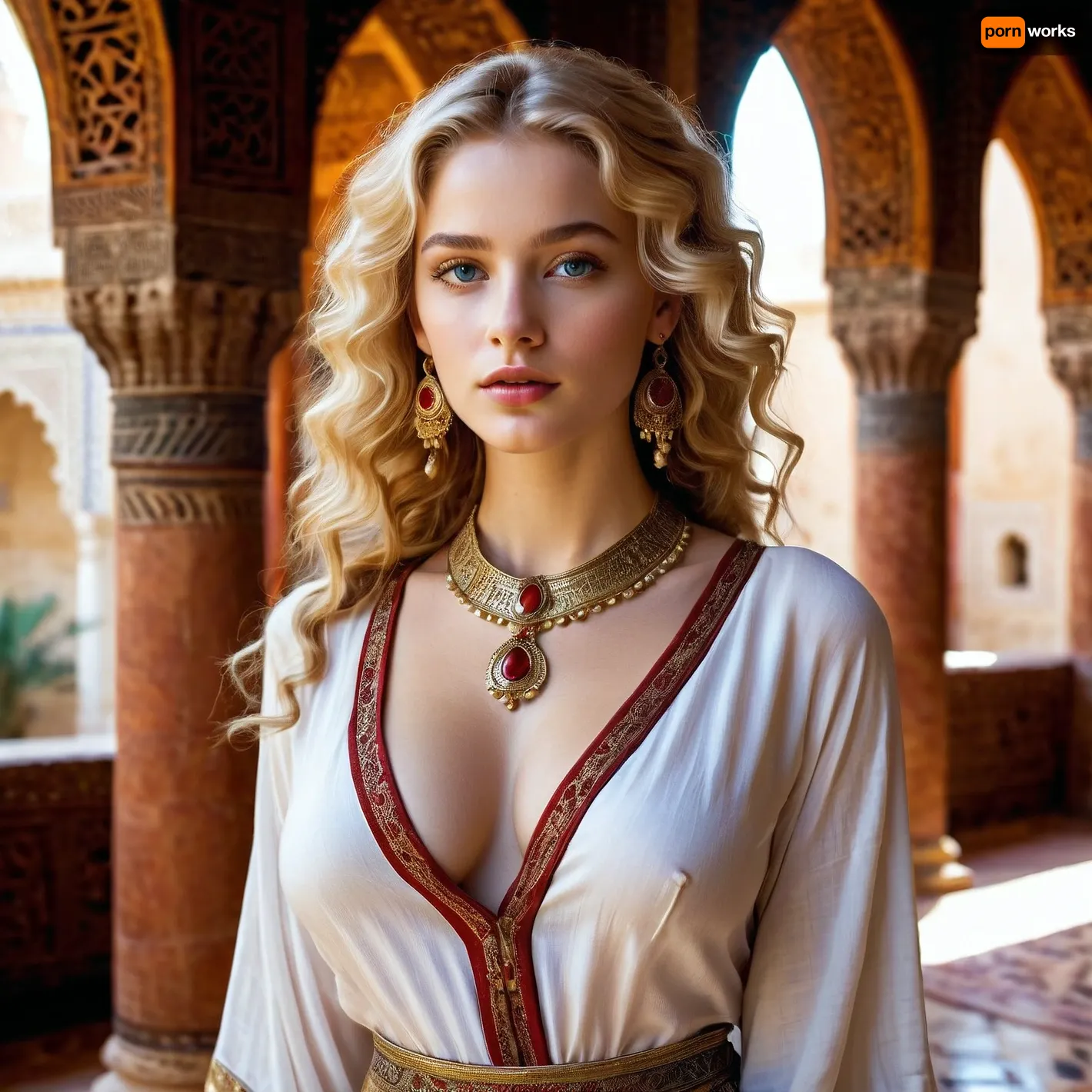 full body view, blonde with fair skin, slender body, 18-year-old, 1.73 meters tall, measurements 93-70-88, full lips painted red, very beautiful, classy girl, best quality, masterpiece, high resolution, medium curly hair, intense blue eyes, large breasts, golden earrings, medieval tunic with sleeves to the feet, historical details, period atmosphere, walking in an Arab palace harem, rich and deep colors, depth blur, visual key, vibrant, soft and warm lighting, luxury details in the background, ultra-detailed, sophisticated ambiance, walking in a white Roman tunic, ancient Rome, silver choker tightly around the neck.