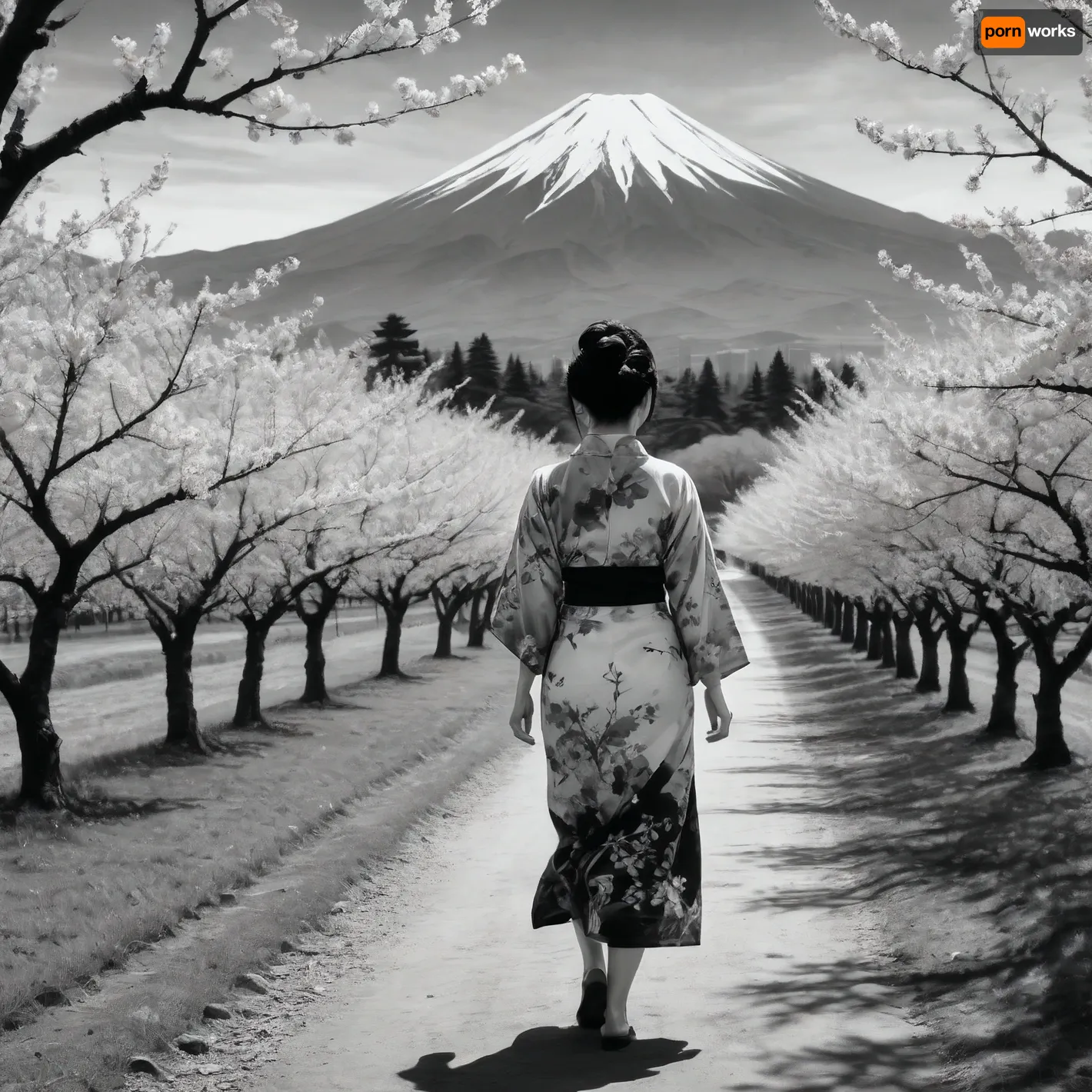 Sumi-e stylized drawing of a gorgeous Japanese woman walking in a cherry orchard, black and white ink, mount fuji in background, masterpiece quality