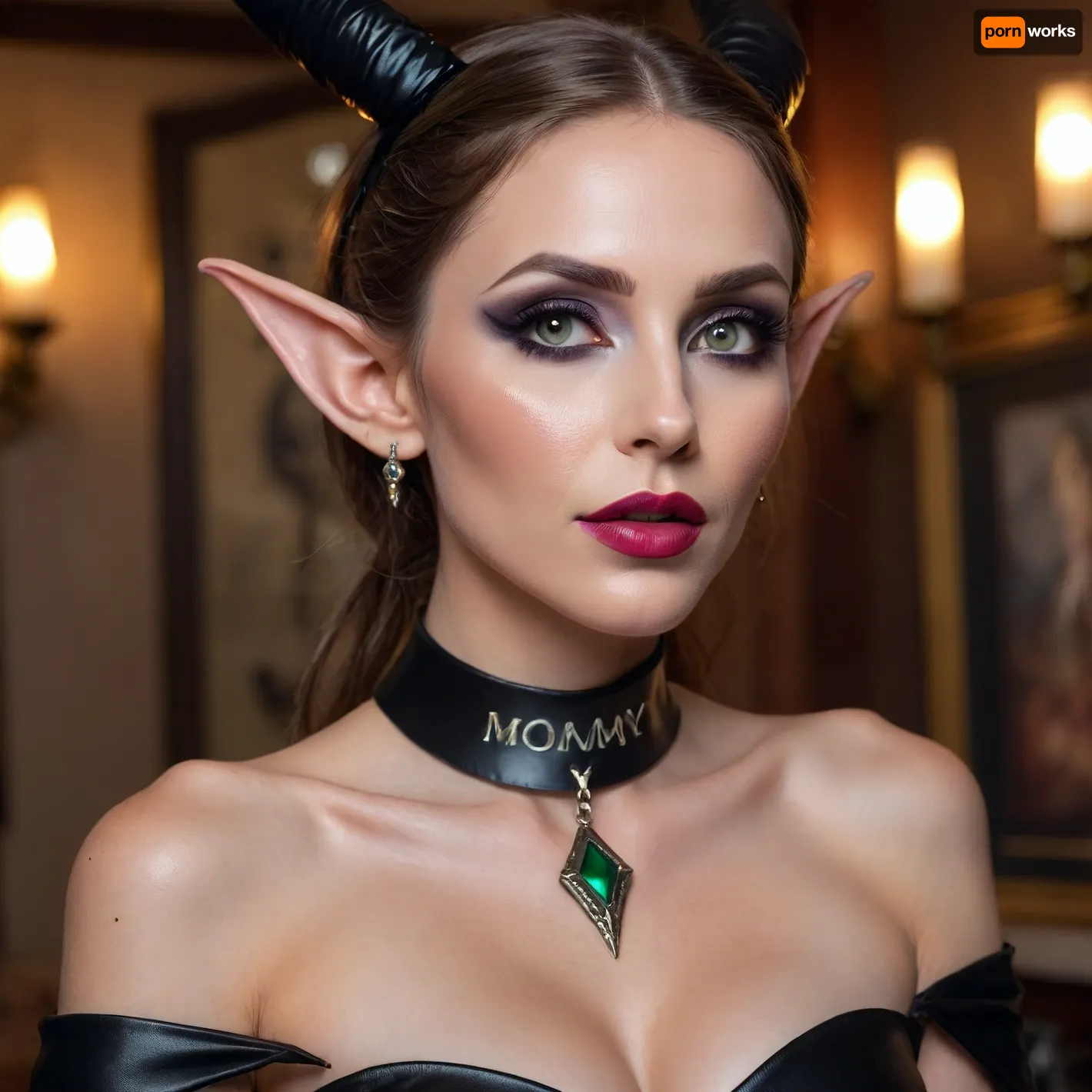gorgeous elf milf, harsh makeup, huge augmented lips, big sharp ears, long thin neck, sexy black dress, wearing choker with sign "mommy" on it