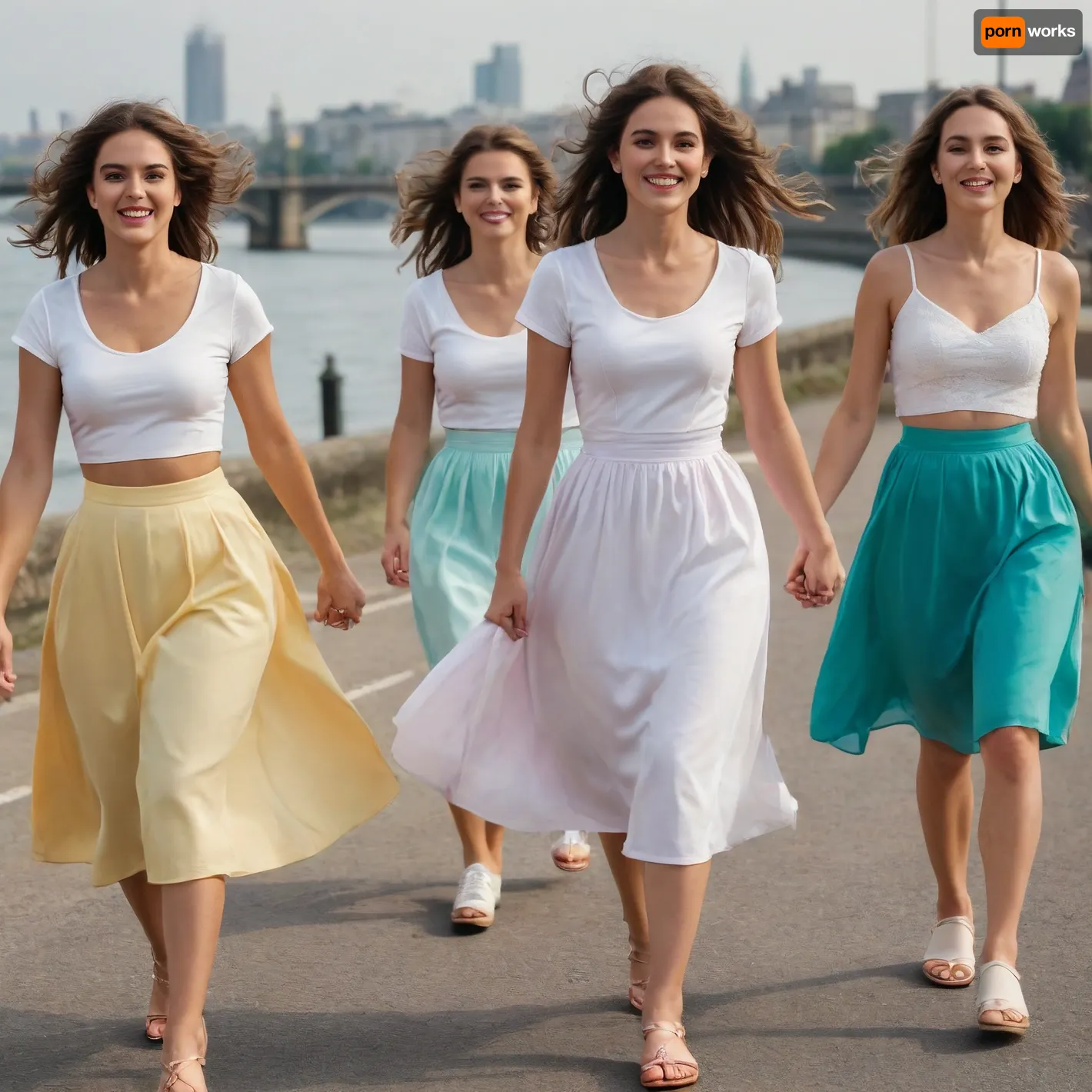the bride's party, a young woman in a light white knee-length dress, along with her beautiful mother and friends in colored skirts and white T-shirts, are walking along the embankment, the wind lifts their skirts, bras shine through thin T-shirts, hair is beautifully styled, having fun