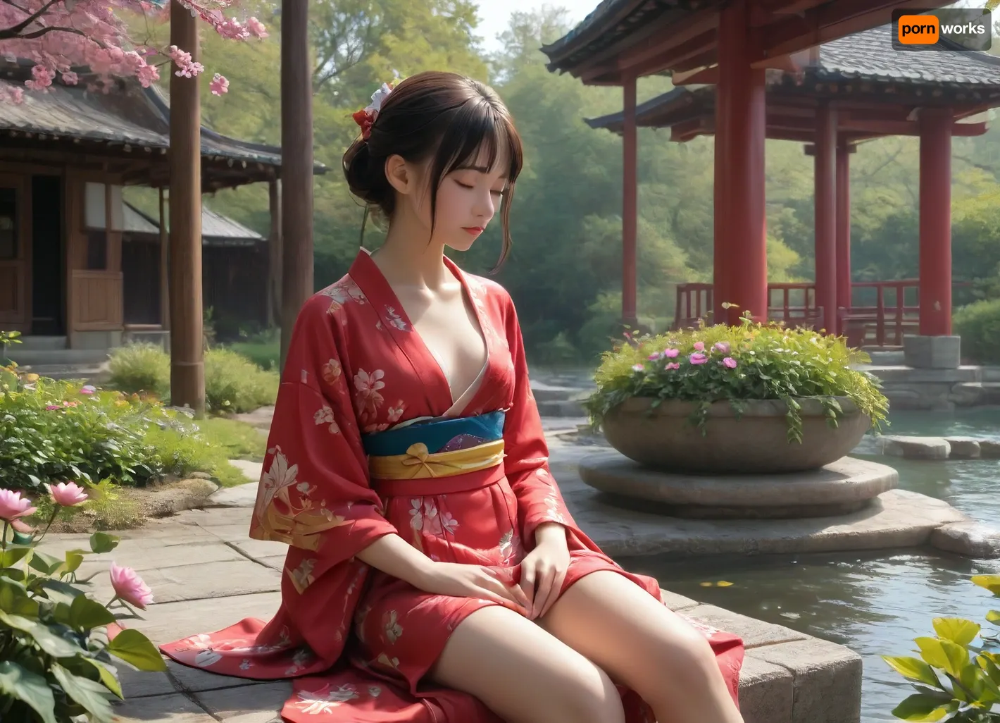 stunningly gorgeous 18 year old Japanese girl, petite, shorty, skinny, slender, narrow waist, (traditional Japanese hair style, flowers:1.3), (intricately detailed kimono:1.4), no underwear, sitting in lotus position, eyes closed, serene face, (in a traditional Japanese pavillion:1.2), (panoramic view of a classic Japanese garden in the background:1.3)