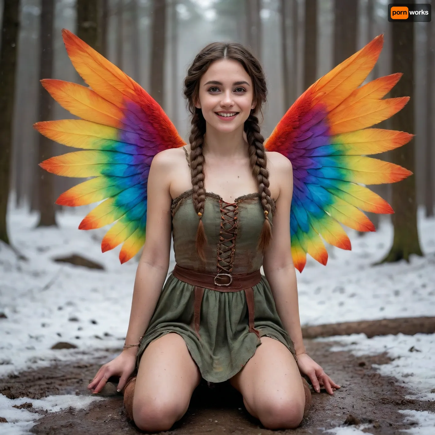 26 years old magic woman, (dark redbrown hair), short wild sporty messy hair, smile, freckles, (thick thights:1.3), mountains, forest, (young woman elf with two big angelwings in rainbow colors), colorful victorian lace dress, wet clothes, mud on face, kneeling in mud, (snowing:1.3), light shining from behind through her wings, (wool cap), (nipples visible:1.3), (dimly lit:1.5), warm lighting, (light like in old painting:1.6), detailed skin texture, skin pores, detailed face, detailed nipples, sharp focus, photorealistic, hyperrealistic, high resolution, very detailed, 8k, RAW photo, highest quality, masterpiece