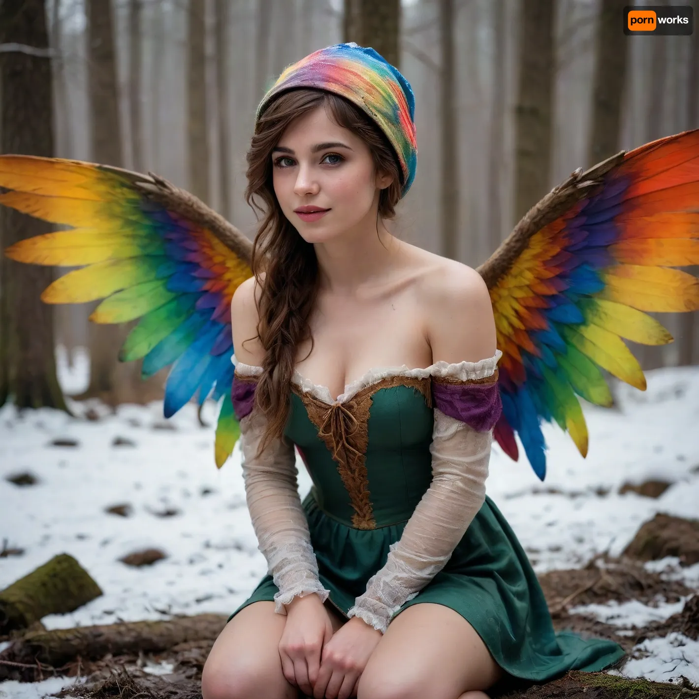 26 years old magic woman, (dark redbrown hair), short wild sporty messy hair, smile, freckles, (thick thights:1.3), mountains, forest, (young woman elf with two big angelwings in rainbow colors), colorful victorian lace dress, wet clothes, mud on face, kneeling in mud, (snowing:1.3), light shining from behind through her wings, (wool cap), (dimly lit:1.5), warm lighting, (light like in old painting:1.6), detailed skin texture, skin pores, detailed face, detailed nipples, sharp focus, photorealistic, hyperrealistic, high resolution, very detailed, 8k, RAW photo, highest quality, masterpiece