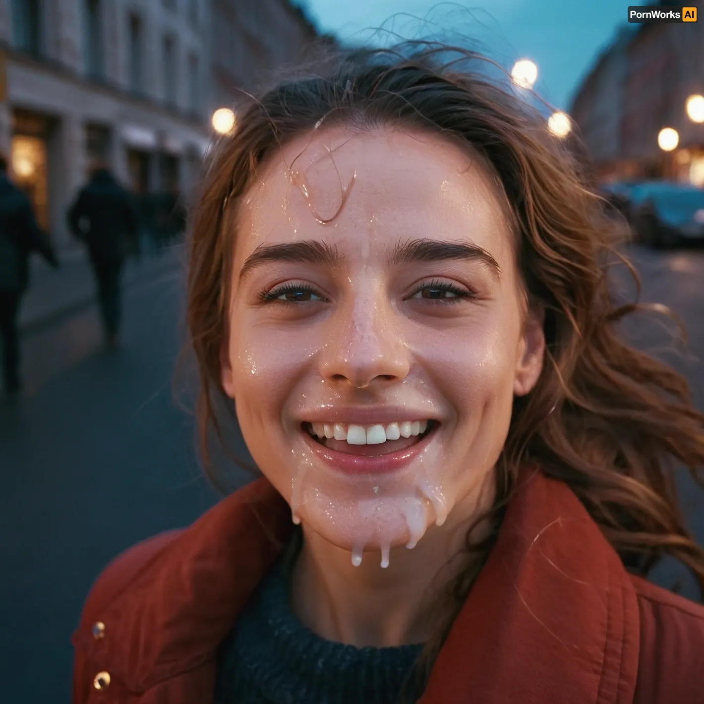 photo of happy woman, cum on face, cold light, in streets, <lora:JustCum:1>
