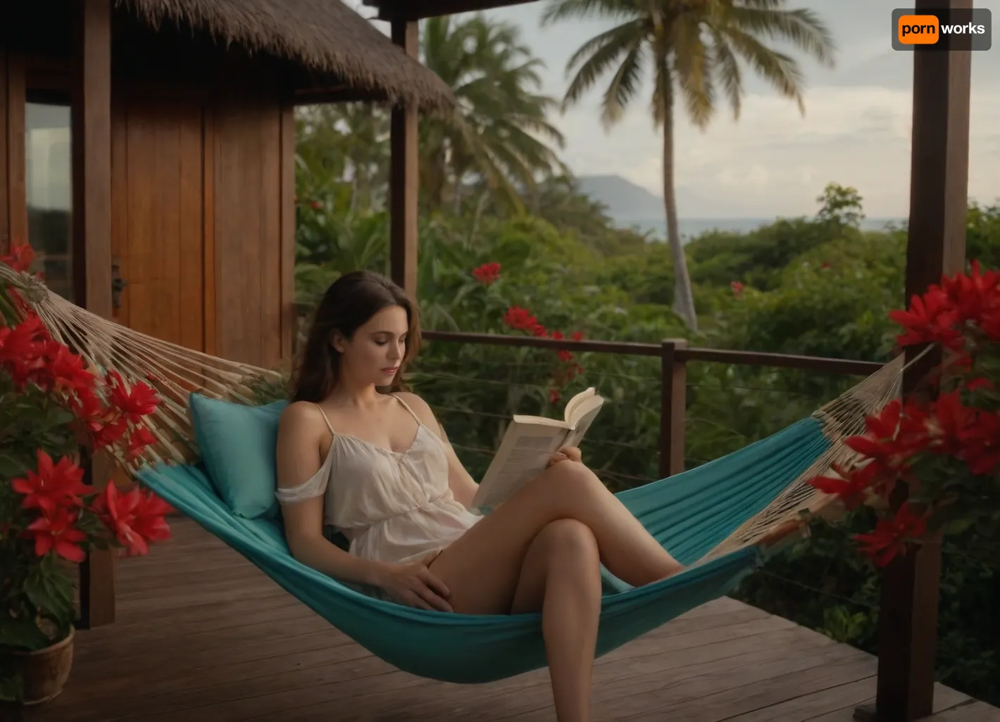 “A serene and picturesque tropical setting featuring a woman sitting peacefully in a hammock reading a book. The hammock is tied between two palm trees, surrounded by lush greenery and vibrant red flowers. In the background, there is a view of a calm turquoise sea and a wooden deck with tropical huts partially visible. Soft sunlight filters through the palm leaves, casting gentle, warm light on the scene. The woman is dressed in a short silk nightgown barely covering her body, resting with a relaxed posture, creating a tranquil and idyllic atmosphere, close view, 3/4 body.”