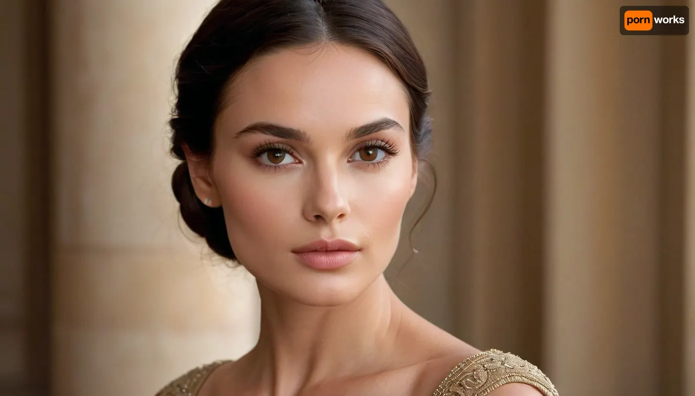 Generate a stunningly elegant woman with classic Mediterranean beauty. She has a symmetrical oval-shaped face with a flawless, creamy complexion. Her full lips are naturally shaped and slightly pouty, with a subtle hint of pink. Her deep, almond-shaped eyes are dark brown, framed by thick, gracefully arched eyebrows, and long, lush lashes. She has high cheekbones and a soft, slightly rounded jawline. Her straight, dark chestnut hair falls smoothly past her shoulders, adding to her sophisticated allure. Her expression is serene and timeless, exuding both warmth and mystery, set against a soft, neutral background.