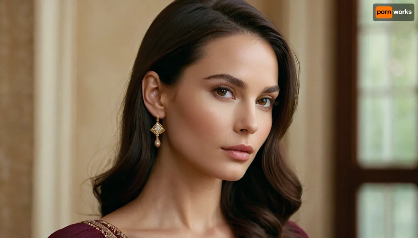 Generate a stunningly elegant woman with classic Mediterranean beauty. She has a symmetrical oval-shaped face with a flawless, creamy complexion. Her full lips are naturally shaped and slightly pouty, with a subtle hint of pink. Her deep, almond-shaped eyes are dark brown, framed by thick, gracefully arched eyebrows, and long, lush lashes. She has high cheekbones and a soft, slightly rounded jawline. Her straight, dark chestnut hair falls smoothly past her shoulders, adding to her sophisticated allure. Her expression is serene and timeless, exuding both warmth and mystery, set against a soft, neutral background.