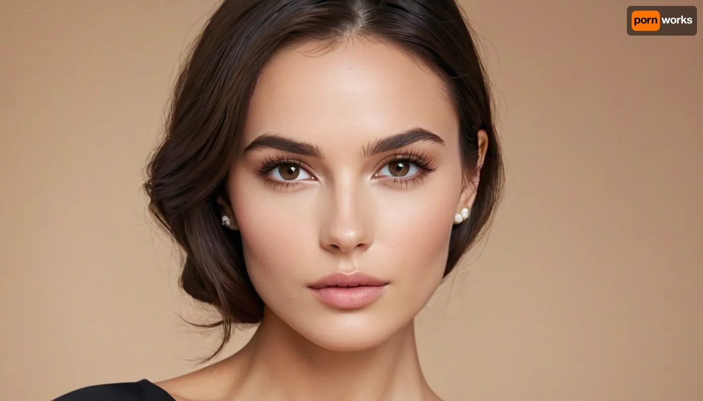 Generate a stunningly elegant woman with classic Mediterranean beauty. She has a symmetrical oval-shaped face with a flawless, creamy complexion. Her full lips are naturally shaped and slightly pouty, with a subtle hint of pink. Her deep, almond-shaped eyes are dark brown, framed by thick, gracefully arched eyebrows, and long, lush lashes. She has high cheekbones and a soft, slightly rounded jawline. Her straight, dark chestnut hair falls smoothly past her shoulders, adding to her sophisticated allure. Her expression is serene and timeless, exuding both warmth and mystery, set against a soft, neutral background., show full torso, dynamic angles
