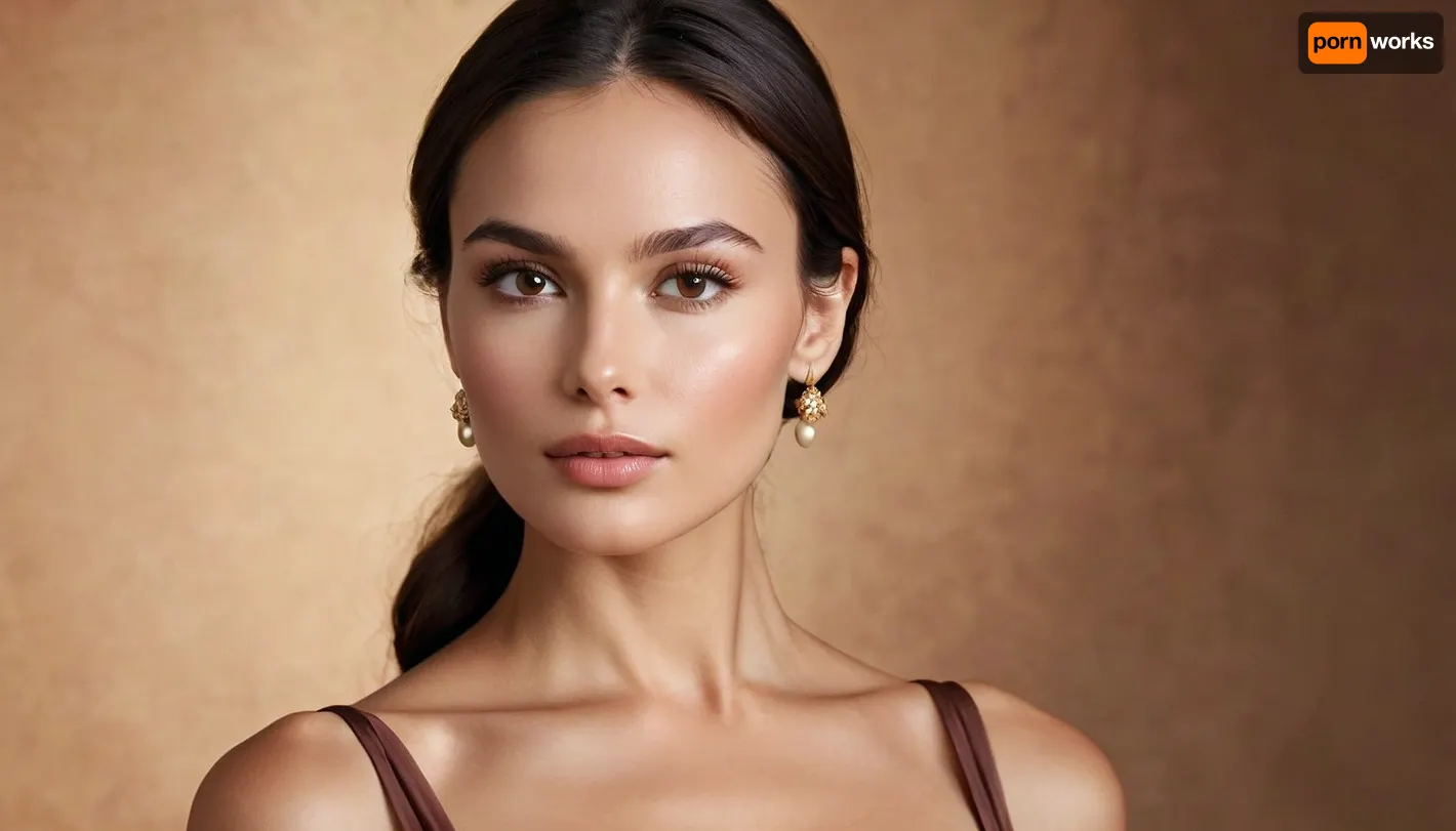 Generate a stunningly elegant woman with classic Mediterranean beauty. She has a symmetrical oval-shaped face with a flawless, creamy complexion. Her full lips are naturally shaped and slightly pouty, with a subtle hint of pink. Her deep, almond-shaped eyes are dark brown, framed by thick, gracefully arched eyebrows, and long, lush lashes. She has high cheekbones and a soft, slightly rounded jawline. Her straight, dark chestnut hair falls smoothly past her shoulders, adding to her sophisticated allure. Her expression is serene and timeless, exuding both warmth and mystery, set against a soft, neutral background., show full torso, dynamic angles