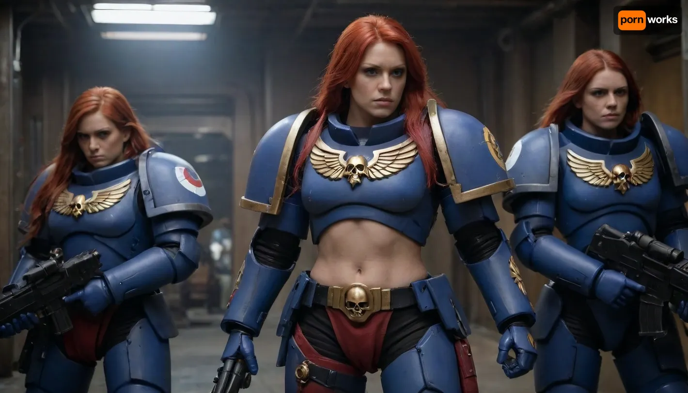 3 girls, three beautyful girls going to faiting in battle, (Warhammmer-40k), heavy fullbodyarmor with Vagina and breast cut on armor, (epic detailed decorated armor), bolters in hands, space-marine armor with Vagina and breast cut, (face masterpiece), red long hair, blue long hair, platinum long hair, (athletic body), (normal breasts), all body view, visible pussy and breasts, shaved pussy, Knight, bolter, power, primaris, <lora:primaris_marine-knight_armor-000007:.5>
