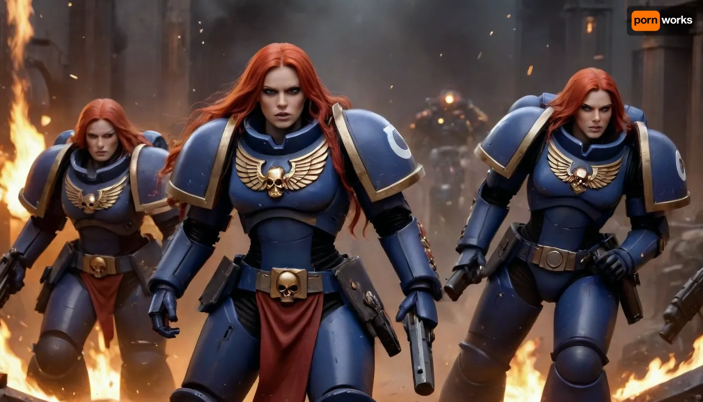 3 beautiful female warriors go into battle with bolters in their hands, the super sexy Space Marine armor has cutouts on the vagina and bust, normal breasts, normal hips, one girl has long blue hair, the second has long red hair, the third is a platinum blonde with long hair, Many imperial guards are fighting in the fire in the background, warhammer 40k, <lora:primaris_marine-knight_armor-000007:.5>