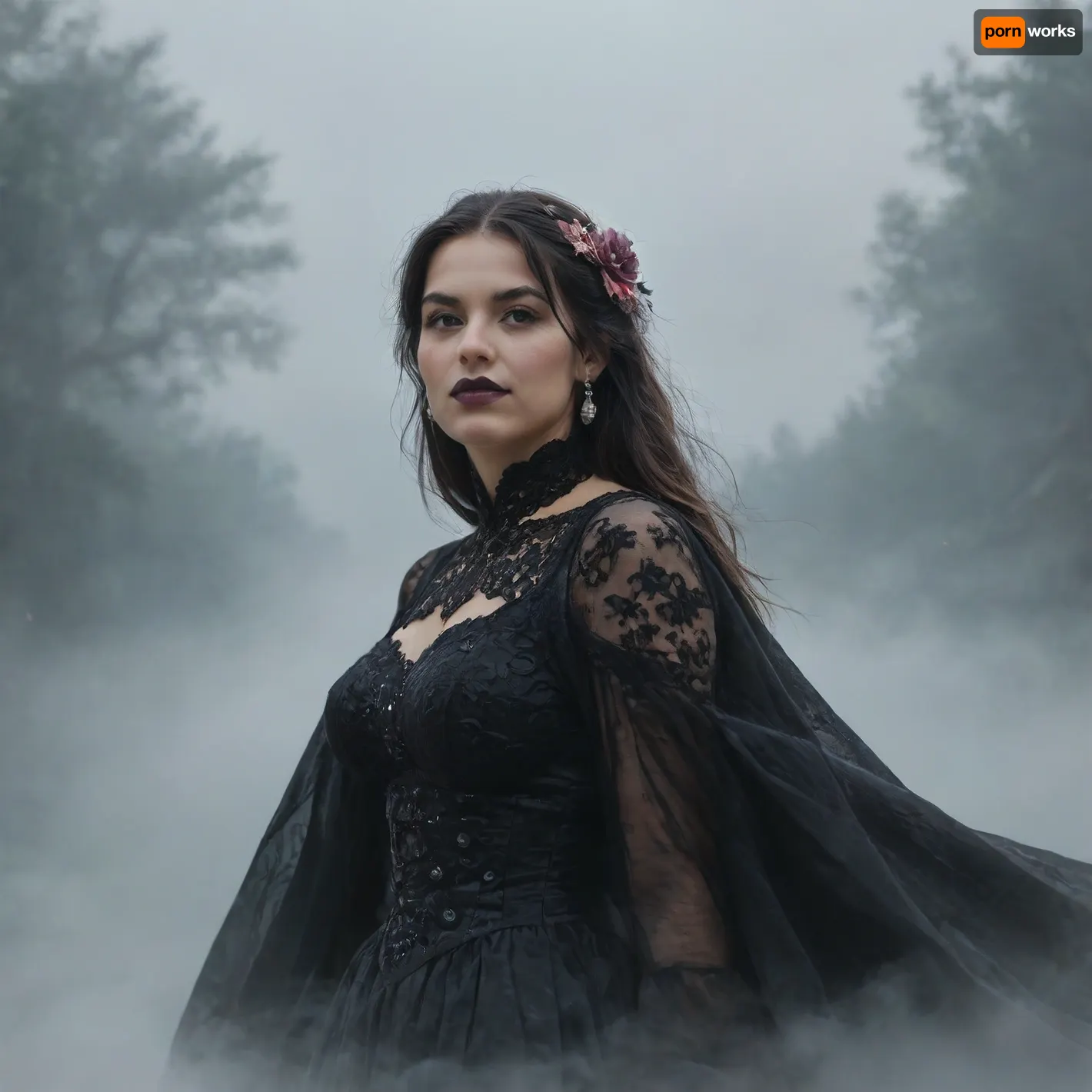 (fog:1.9), The foggy city, The Princess of the mist, a beautiful young woman partially obscured by fog, a complicated old hairstyle, Flowers in her hair, antique clothes, dynamic pose, 8k wallpaper, very long black hair, ((hyper realistic, masterpiece)), beautiful girl, ultra texture quality, smiled face, black lipstick, big lips