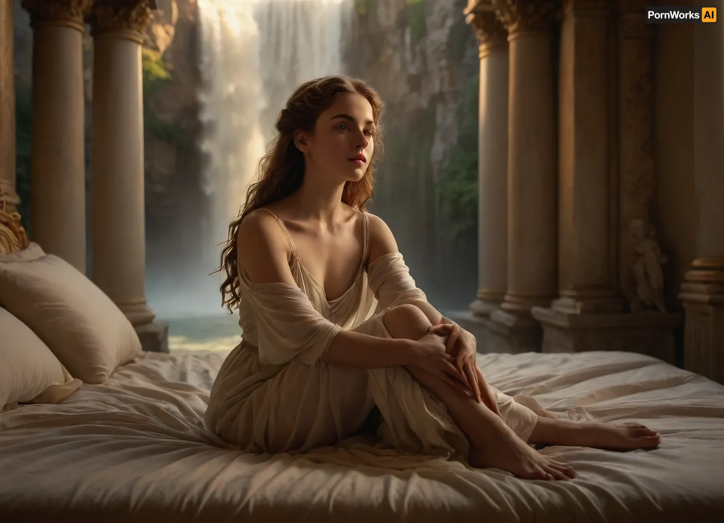 Renaissance painting, woman on her elbows, waterfall in the back, eyes open, silk transparency, touching her body, front view, silk bed, poor light, strong wind, halo of light drop above, dramatic, baroque style, golden hour, full body, bare feet, white columns