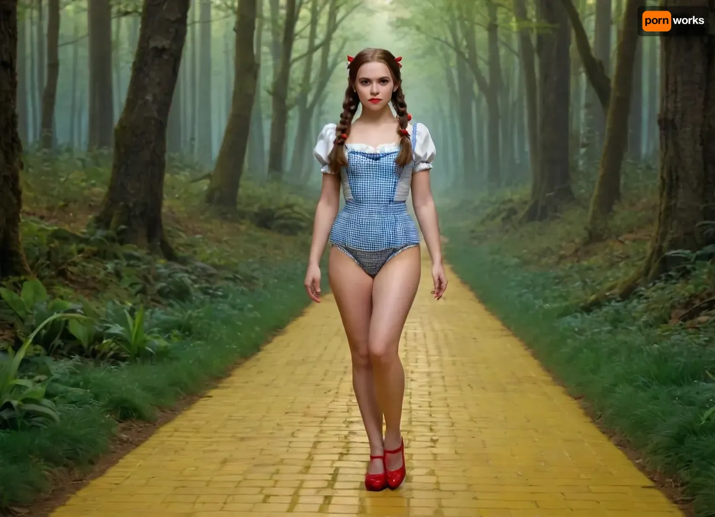In the magical land of Oz she follows a yellow brick road through a creepy forest. She wears nothing but gingham panties and a pair of ruby red slippers. body is athletic tall and sexy with huge saggy tits, detailed gorgeous face, messy brown hair in pigtails, wet body, key visual, intricate detail, highly detailed, breathtaking, vibrant, panoramic, cinematic