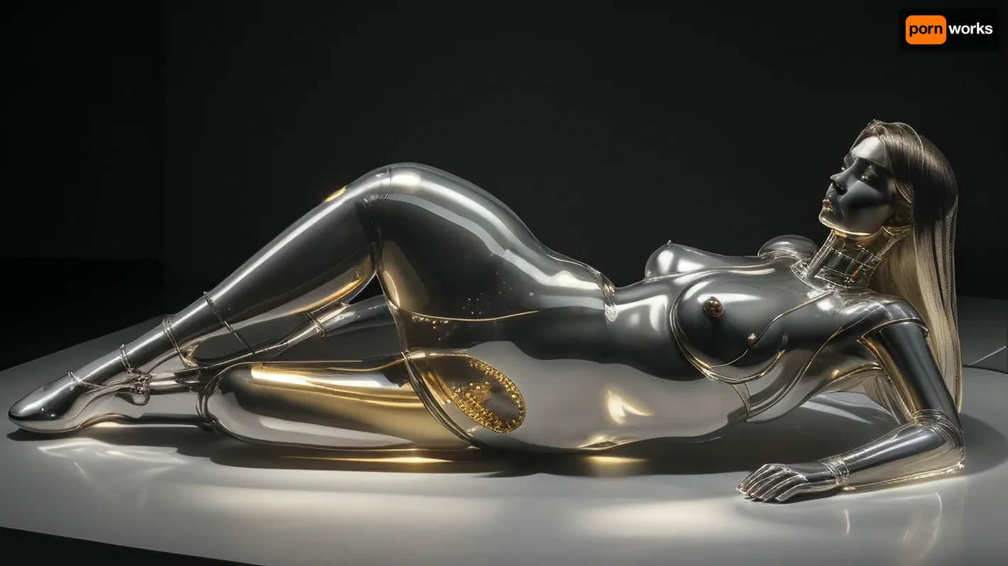 kneeling, The shape of the woman's body is transparent, as it appears like a glass jelly, and the detailed internal parts of the body android appear clear, with golden feet and legs, and a sophisticated silver head made of advanced manufacturing technology. black background with single point lighting, up lighting, atmospheric, By Hans Ruedi Giger and Ferdinand Hodler.