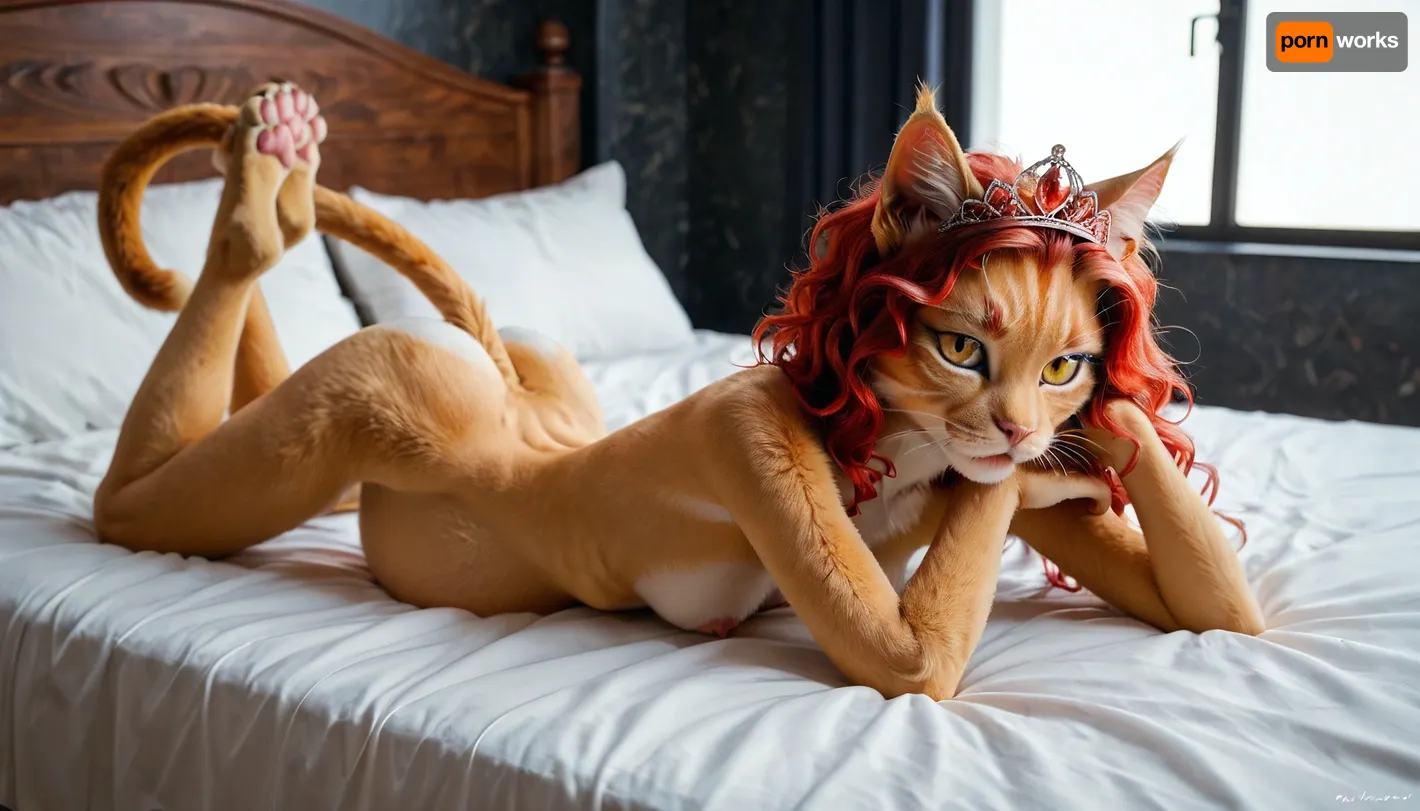 ((furry feline female), looking at viewer, cat's head, (red cat´s eyes), small tits, thin, slim, small ass, nude), <lora:catbody:.6>, yellow fur, tiara, pregnant, lying on bed, bedroom, show her vagina, full body, <lora:updated_realneko_v1:1>, <lora:hakama:2>