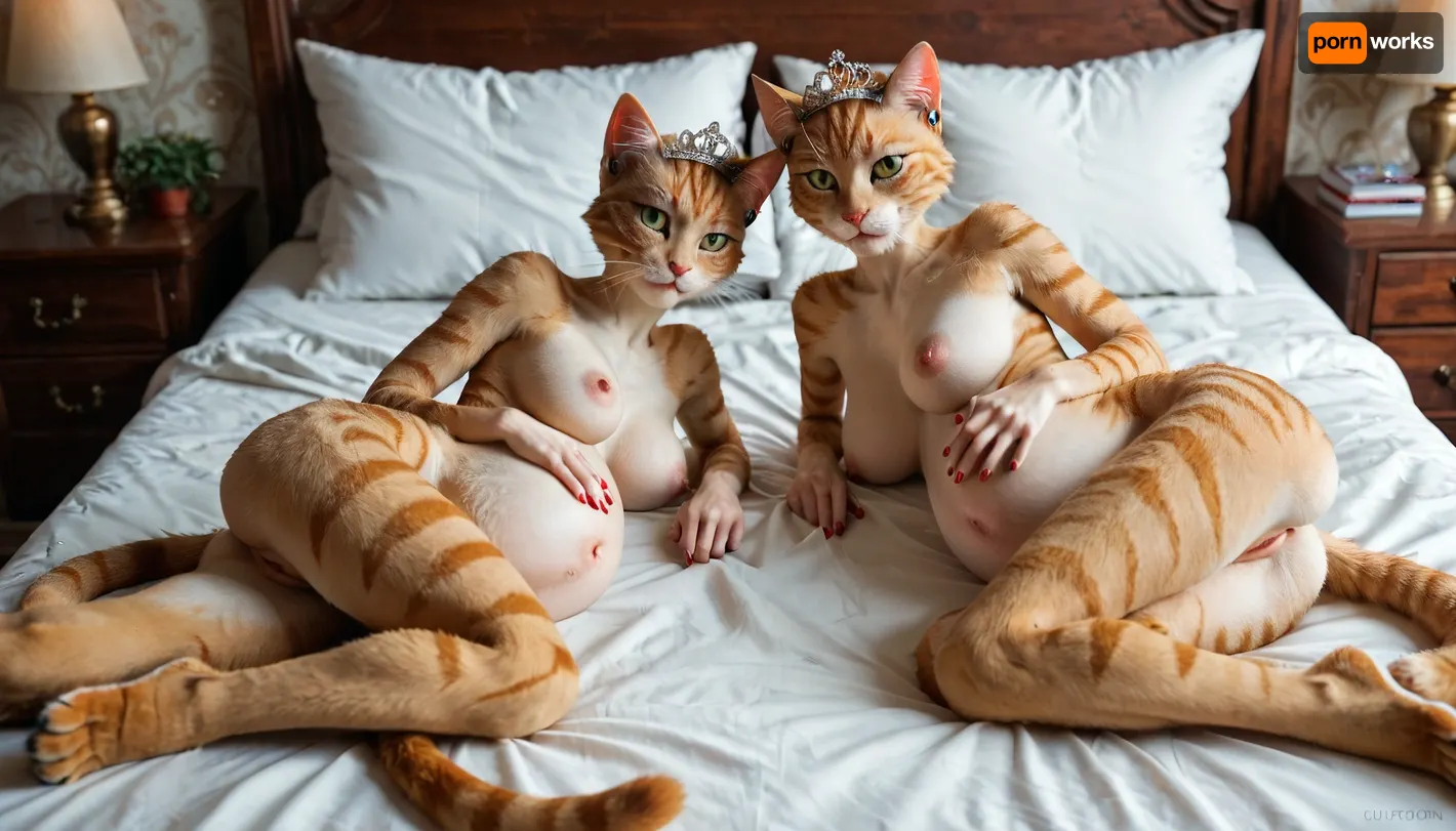 2twins, ((furry feline female twins), looking at viewer, cat's head, (cat´s eyes, ((red))), (cat´s pawn), four tits, (small), thin, slim, small ass, nude), yellow fur, tiara, pregnant, lying back on bed, bedroom, show her vagina, full body, <lora:hakama:2>
