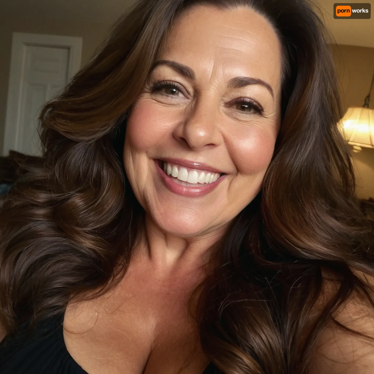 mature 55 years old, brunette, very sexy, long wave hair, very chubby, selfie, horny big smile