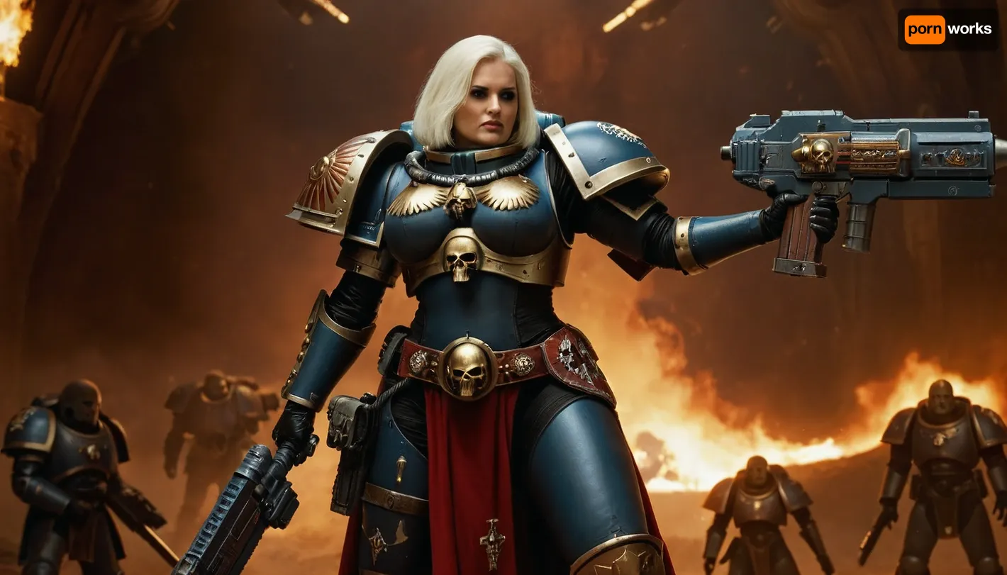 spaceship background, (well proportioned figure), (busty), heavy fullarmor, clut-boardsword, bolter, space marine in background, adepta, sororitas, warhammer, 40k, wh40k, <lora:WH40XL:.5>, <lora:668916_training_data:.5>