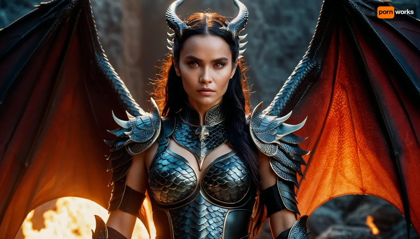 goddes Tiamat, beautiful woman with dragon wings, stern face, black armor made of dragon scales, full body in frame