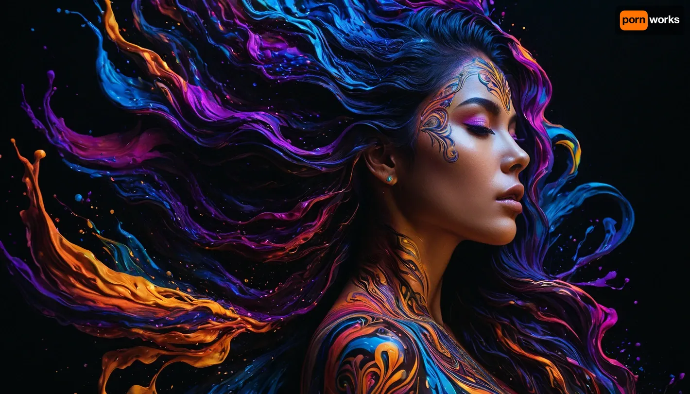 Colorful woman, Black ink flow, 8k, photorealistic masterpiece, intricately detailed fluid gouache, calligraphy, watercolor art, professional photography, volumetric lighting, photo-illustration, concept art, elegant, fantastical, PENeonUV, blacklight, neon, <lora:PE_NeonUV Style:.5>