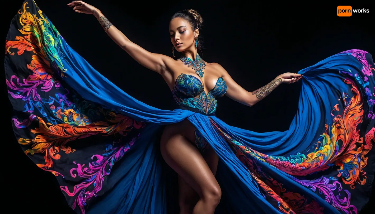 Colorful woman, Black ink flow, 8k, photorealistic masterpiece, intricately detailed fluid gouache, calligraphy, watercolor art, professional photography, volumetric lighting, photo-illustration, concept art, elegant, fantastical, PENeonUV, blacklight, neon, the whole body is visible, dynamic pose, dancing, voluptuous dress, big tits, XUER, Silk, Road, dress, full, body, tattoo, mad-cybrpprct2, papercut, outline, glowing, <lora:PE_NeonUV Style:.5>, <lora:Neon_Cyberpunk_Papercut_2_SDXL:.5>