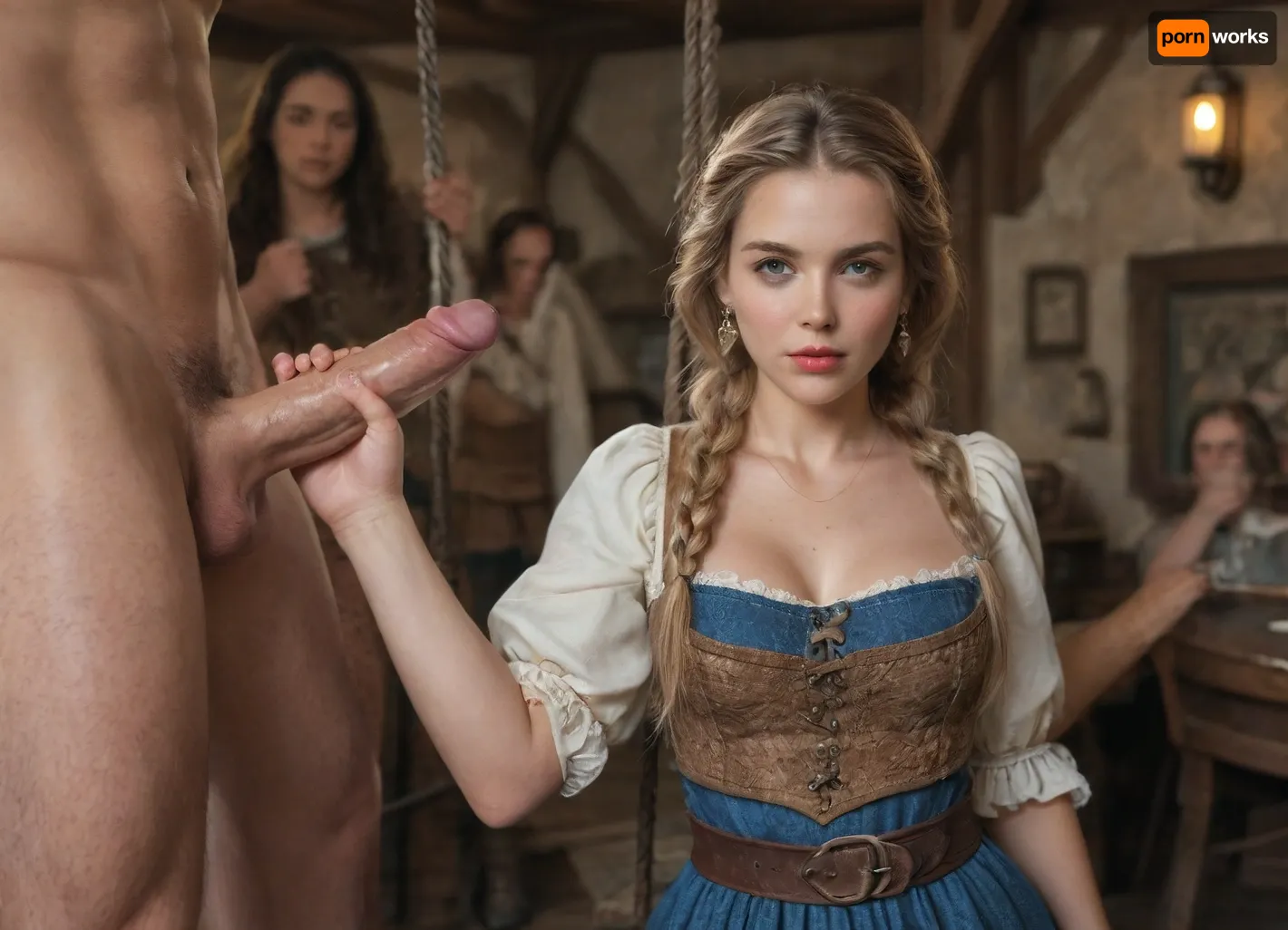 Medieval tavern, blondie woman with long hair and braids, woman wearing medieval short and tight sexy whore costumes with nice and tasteful cleavage barely covering her tits, realistic face, intricately detailed face, sexy look at viewer, 4k, photorealistic, ZipRealism, ohwx, ((man embracing her from behind, woman aiming viewer, man hands on woman hips and lifting woman dress with his hand, man standing up near her)), (((upper body zoom, anal_sex, hard cock))), medieval waitresses around, medieval guys, orgy, swing