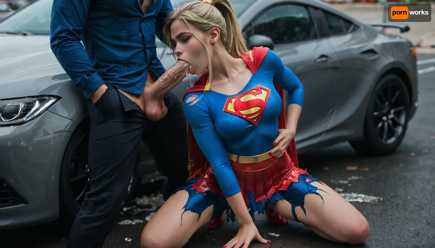((stunning blonde woman with ponytail, ((woman wearing a tight dark blue shirt with supergirl symbol)), woman wearing ripped torn red cleavage skirt, sexy posing at street sexy kneelingnear a destroyed car)), bad guy grabbing her hips with his hands, cum flowing from guy cock, woman sucking guy cocks, cum running down her legs while other guy fucks her, post fight scenario
