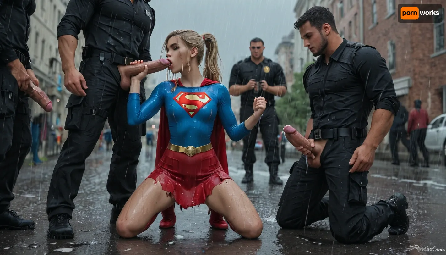 stunning blonde woman with ponytail, ((woman wearing a tight dark blue shirt with supergirl symbol)), woman wearing ripped torn red cleavage skirt, sexy posing at street sexy kneeling, warrior guy grabbing her hips with his hands, cum flowing from warrior guy cock, woman sucking warrior guy cocks, cum running down her legs while other guy fucks her, ((destroyed city, post fight scenario, after a huge superhero fight)), (((raining, clothes wet))), gangbang, woman engaging in vaginal and oral sex