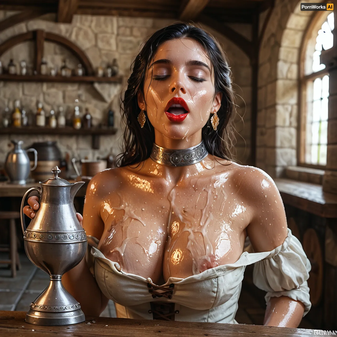 Enchanteur de la taverne médiévale : une vision voluptueuse baignée d'hydromel

- Oui.

Au cœur d'une taverne médiévale, une jeune italienne de 19 ans captivante au ton sienna, aux seins ronds voluptueux de taille D, au nez romain et aux longs cheveux noirs droits ornés d'un choker métallique se tenait seul près du comptoir. Ses lèvres pleines peintes en rouge étaient légèrement séparées en regardant la tête inclinée vers le dos, les yeux fermés dans le plaisir. Une cruche médiévale était inclinée vers le bas sur son corps, versant de l'hydromel qui coulait dans sa poitrine, mouillant et huileant sa peau huilée. L'hydromel déborde, créant des gouttelettes qui étincellent sur son corps, mettant en valeur son look séduisant et lubrique.