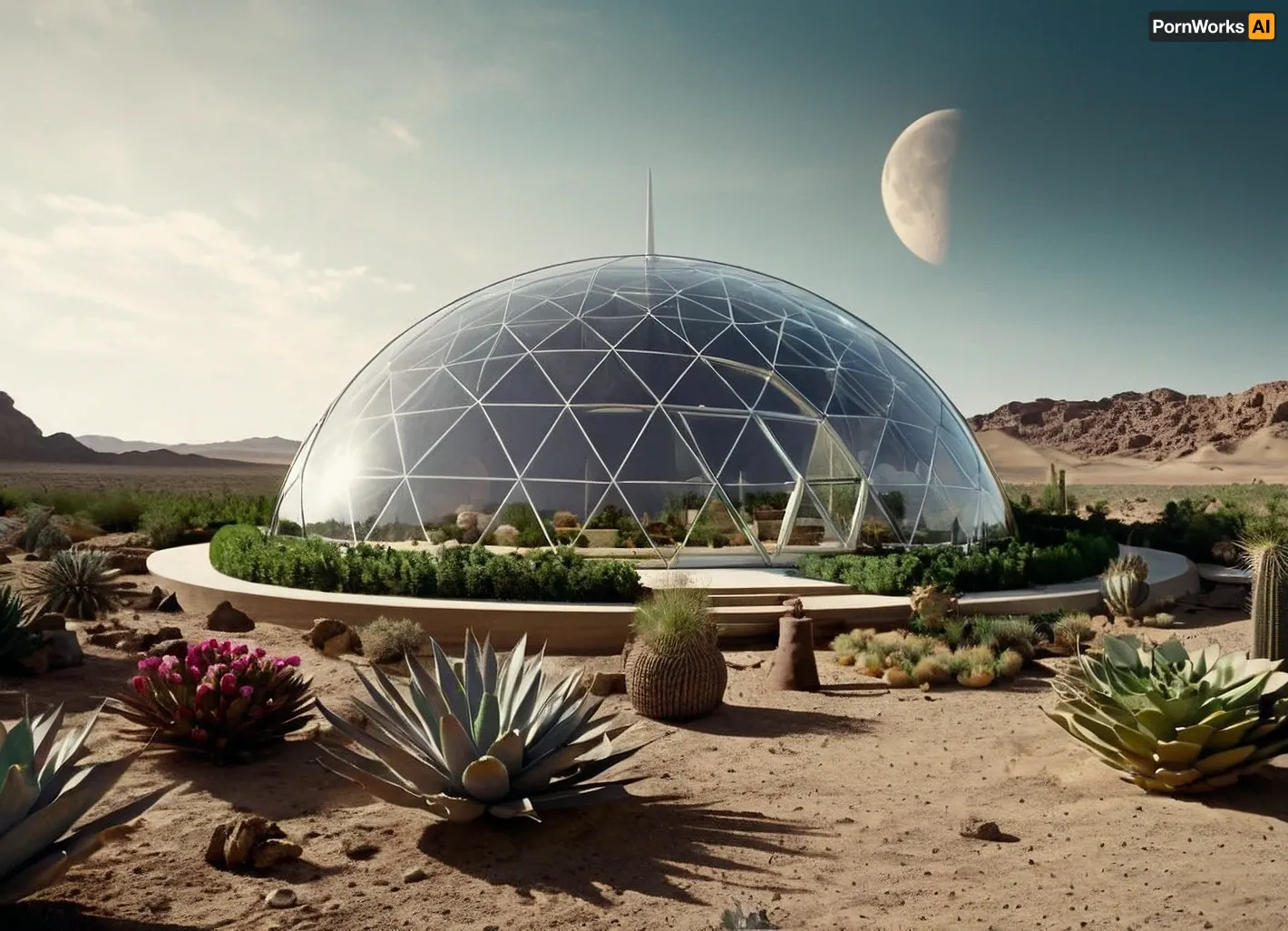 In 2065, on the moon, a splendid garden is sheltered under a ultramodern gigantic glass parabolic dome, it is the only natural place left in the moon, (several tens of kilometers in diameter:1.4), (a sprawling garden inside and a the moon's desert outside), (seen from afar:1.5), <lora:SDXLHighDetail_v5:.5>, <lora:add-detail-xl:.5>