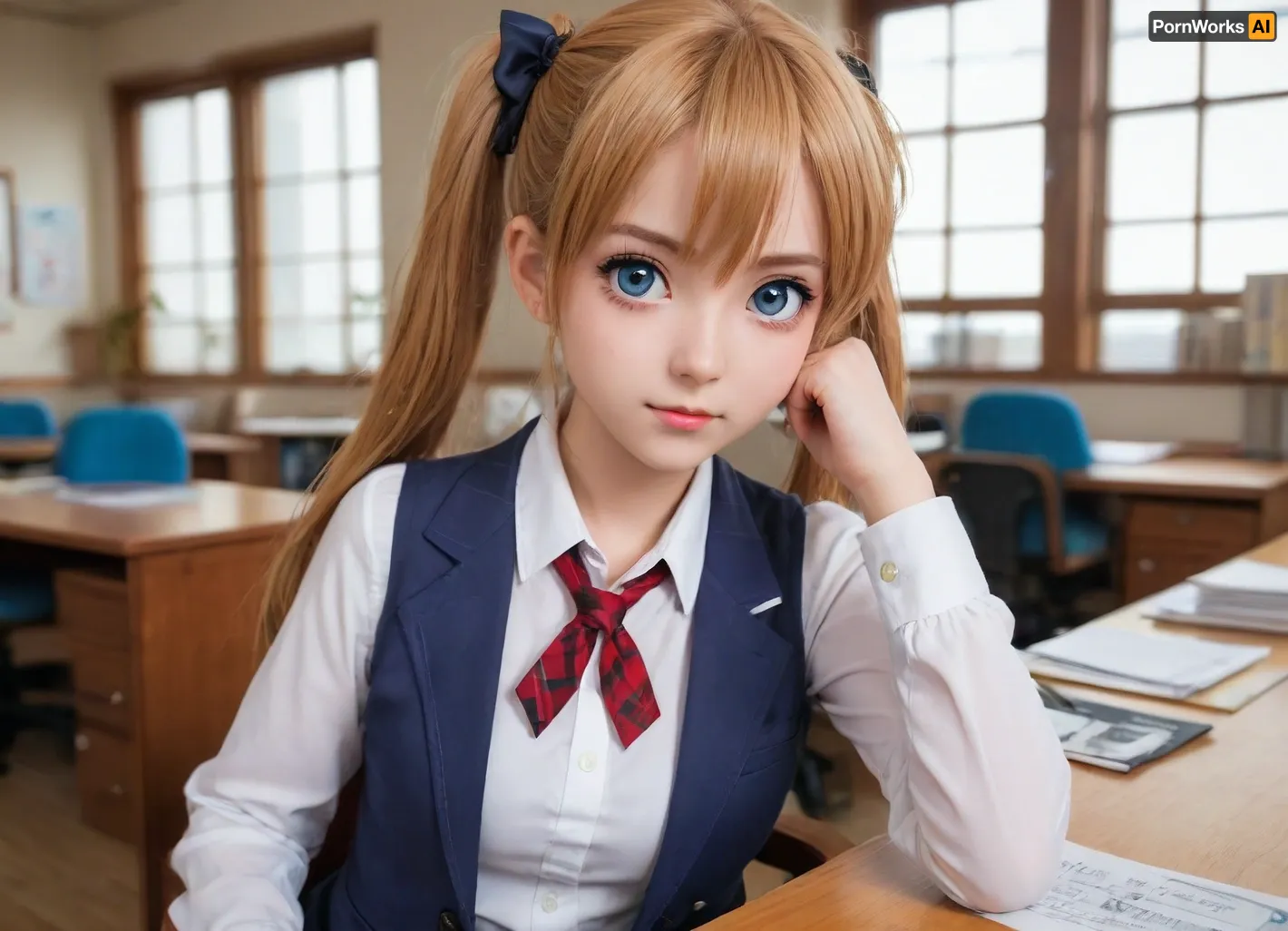 (anime drawing:1.6), (sharp lines, flat colors:1.6), cute anime schoolgirl, ginger, fanny, (babyface:1.4), (lolicon:1.4), (teeny:1.4), pigtails, (highly detailed hair, highly detailed eyes), (well-dressed, elite school uniform, white button-up shirt, light-blue blazer, blue tie, tartan super short miniskirt), at her desk in classroom, (anime reality background:1.6)