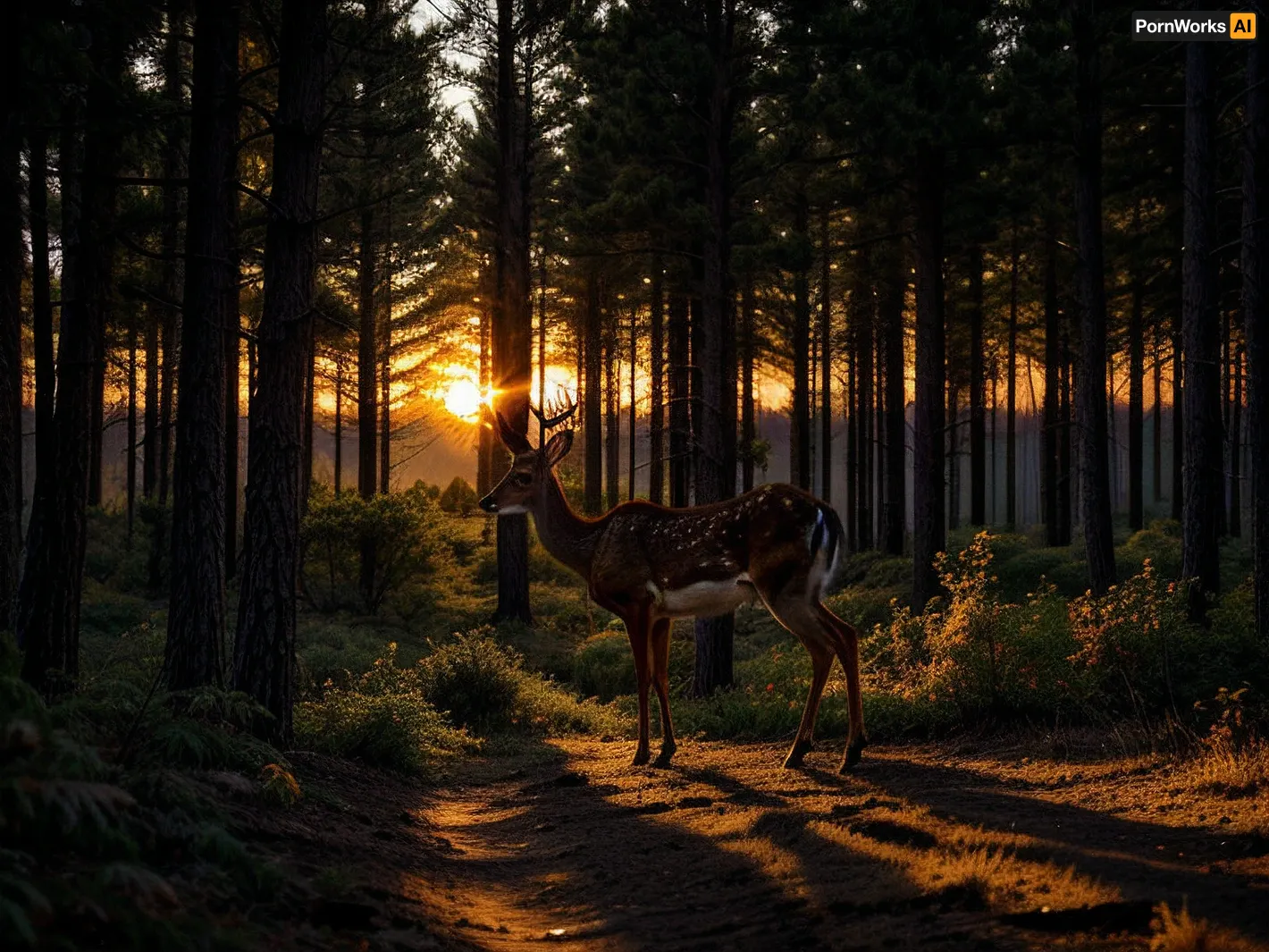 a deer in the forest, sunset, <lora:Background_Detail_v3:.8>, <lora:more_details:.8>