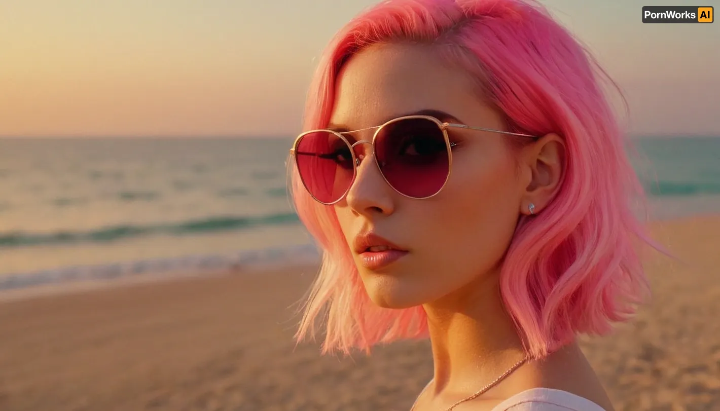 1990's beach babe with stylish neon pink hair cut in textured waves, flirty, playful, sunglasses, vaporwave sunset color theme, video game screenshot, style of grand theft auto, ziprealism, perfecteyes, sunnyrayyxo, <lora:PerfectEyesXL:.8>, <lora:sunnyrayyxo_v1_SDXLBase:.4>