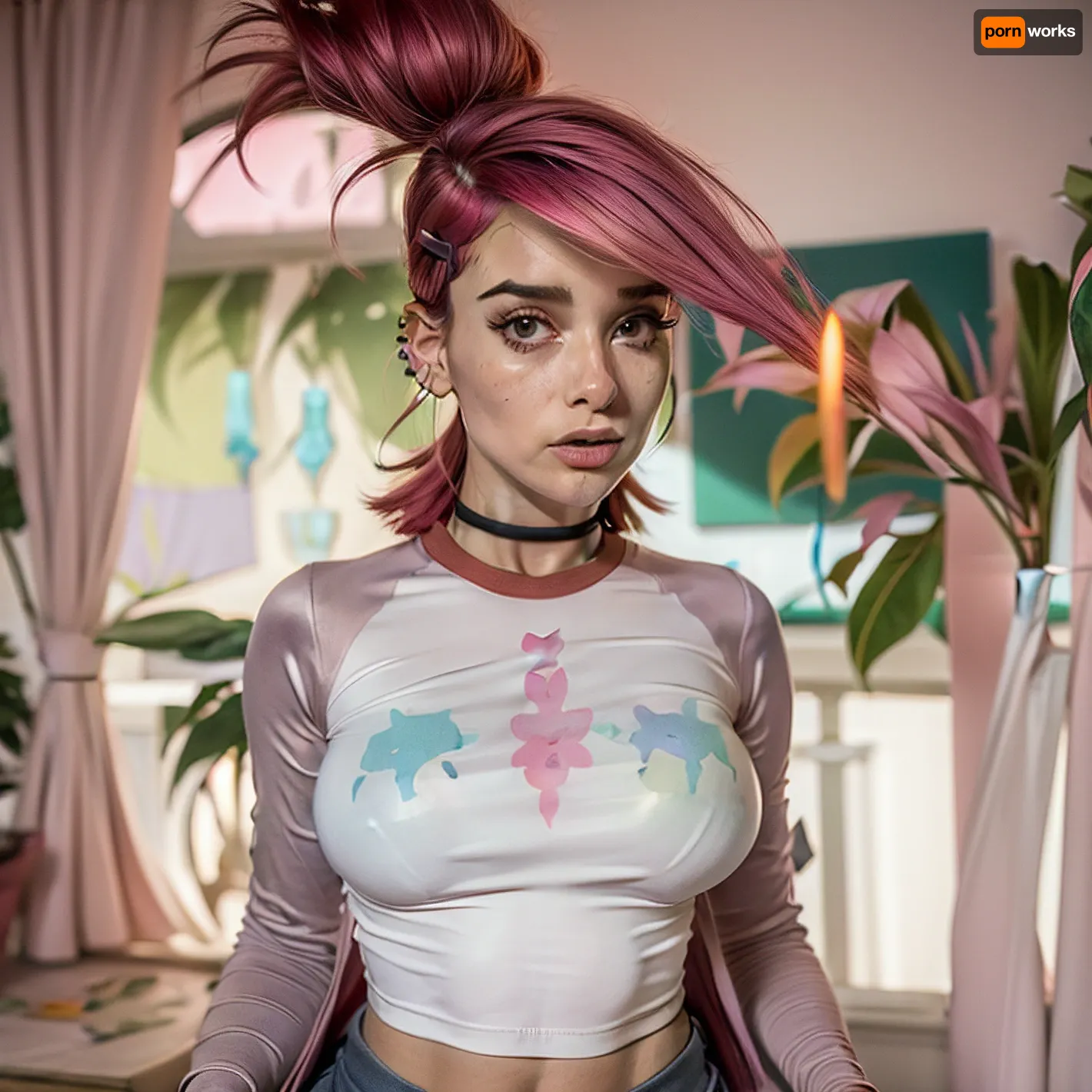 masterpiece, (solo:1.1), perfect face, (bright lighting:1.2), beautiful detailed eyes, extremely detailed face, perfect lighting, best quality, ((mature female)), 19yo female, looking at viewer, nude, solo focus, hand on another's head, pov crotch, >=, flirty, slutty, huge silicone boobs, frankiefoster, messy cut, green choker, hairclip, rainbow hair, ornament, pink satin tight shirt, black satin jacket, piercing, midriff, pink satin tight extra mini skirt, <lora:frankiefoster-guy-301:2>