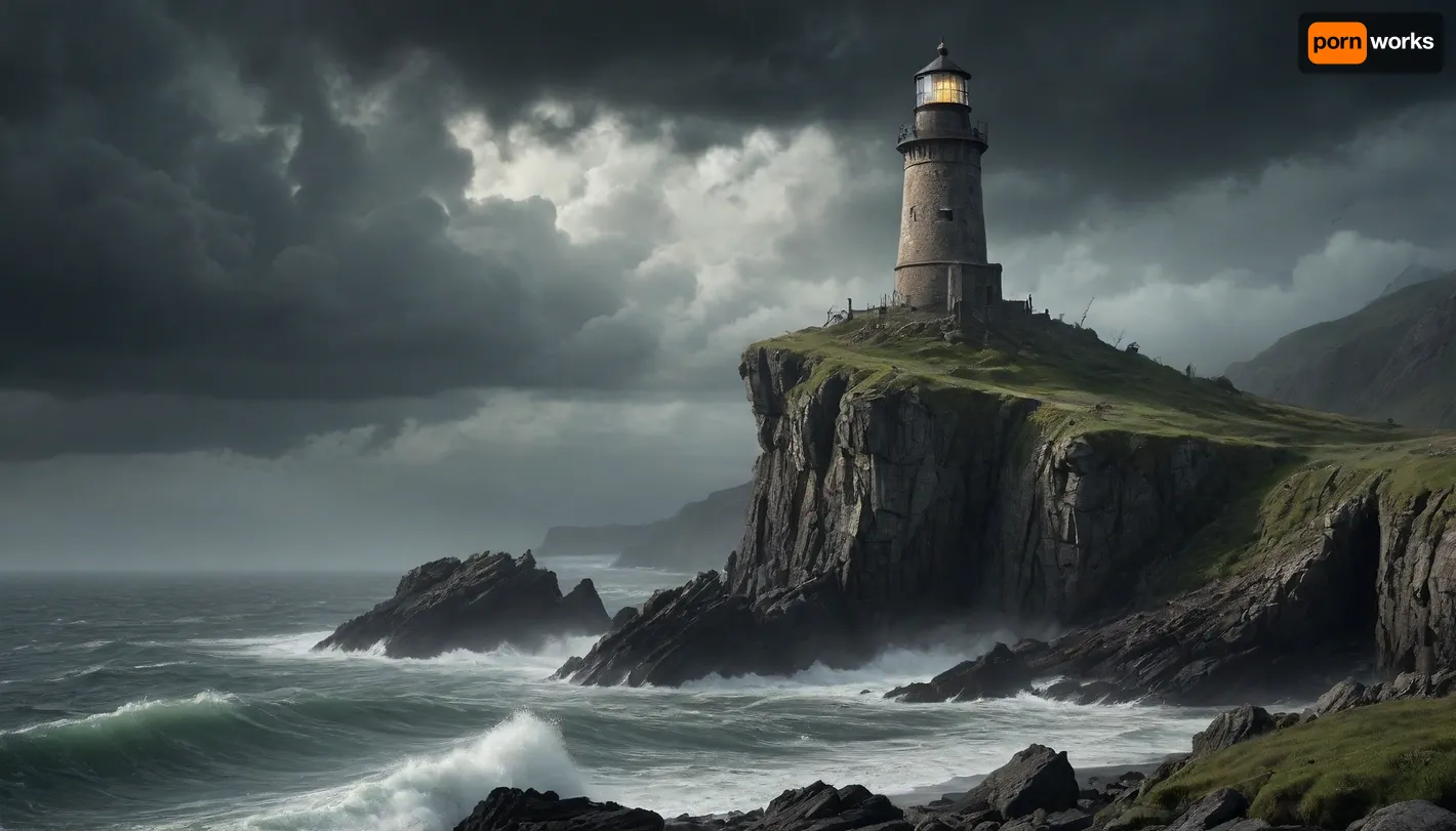 Ancient, weather-beaten lighthouse standing on desolate cliffs in a fantasy post-apocalyptic world. The structure is half-ruined, with vines and moss clinging to its cracked stone surface. Jagged rocky outcrops surround the base, partially submerged in dark, storm-tossed waters.

A mysterious cloaked figure of a witch stands atop a distant cliff, her silhouette outlined against the ominous sky. Heavy rain falls across the landscape, merging with thick mist that clings to the rocks. The atmosphere is one of eerie solitude and ancient magic, with faint lightning illuminating the horizon.

The scene combines elements of dark fantasy and post-apocalyptic desolation, creating a mood of mystery and foreboding. Every surface shows signs of decay and age, with realistic textures of wet stone and decaying masonry. The lighting emphasizes the dramatic tension between darkness and the faint glow of the lighthouse remains.