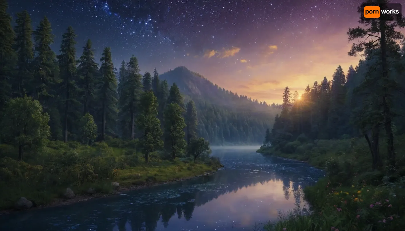 Create a serene and enchanting scene of a romantic landscape at dusk, with a meandering river that flows gently through the heart of the forest. The night sky above is a deep shade of indigo, adorned with a tapestry of twinkling stars that shine brightly like diamonds against the dark canvas. The forest, lush and vibrant, is dotted with tiny spots of soft, warm light, as if fireflies or string lights are scattered throughout the trees, casting a magical glow across the landscape. The atmosphere is peaceful and tranquil, with a sense of wonder and romance that fills the air, inviting the viewer to step into this idyllic world and get lost in its beauty.