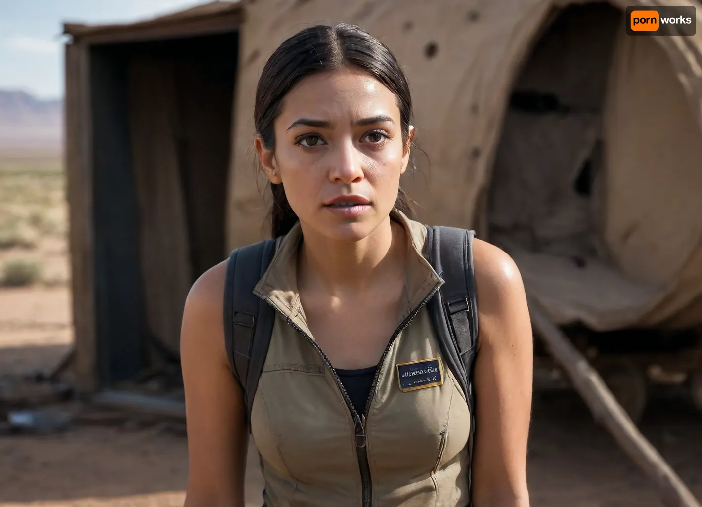 After her spacecraft crashed Alexandria Ocasio-Cortez had to survive on the surface of an alien planet characterized by long flat plains, three moons, and swarms of locusts. She had to strip the old craft for parts and use them to build a makeshift fort to survive, her old clothes are in tatters and dirty, she stands looking out of her doorway at the landscape, detailed gorgeous face, messy hair, wet body, key visual, intricate detail, highly detailed, breathtaking, vibrant, panoramic, cinematic