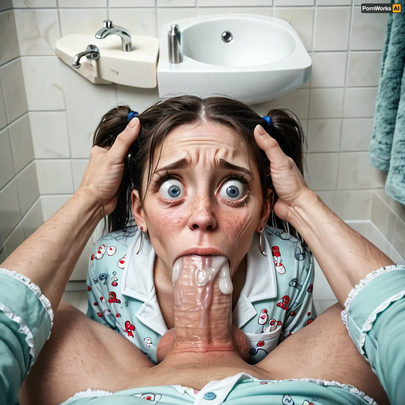 (Extremely 1.4), (terrified 21 year old model face:1.5), white female, freckles, 18 years old, (forcing her head to full deepthroat:1.3), (big eyes:1.2), (minimalistic:1.3), (eyes wide in shock and fear), (Looking into camera:.6), tears, (sad Face), (huge long white dick:1.4), (pov), (pajamas), (bathroom), (cumshot), pigtails
