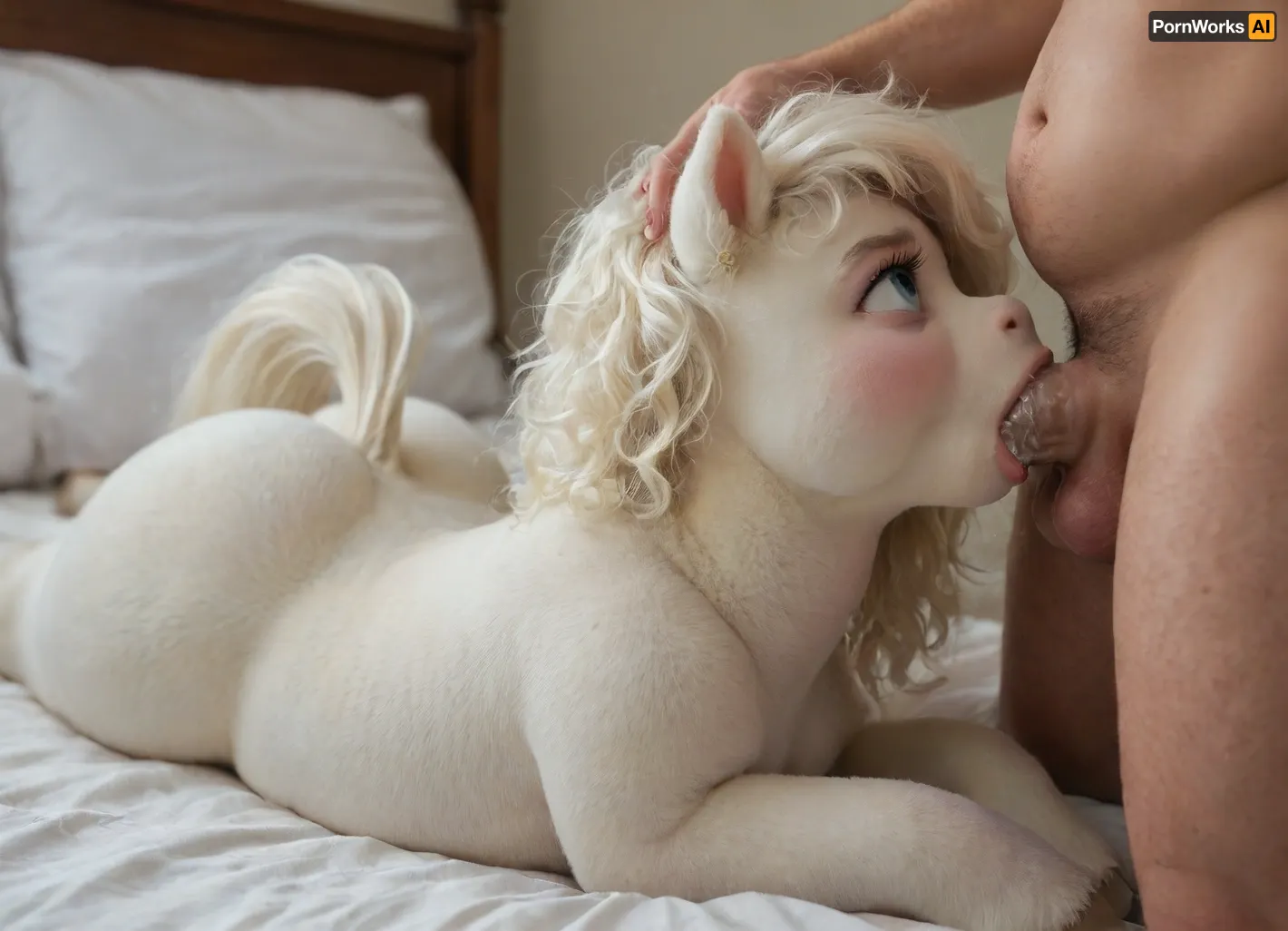 (Female adult wild pony, white fur, deepthroat:1.4), HD view, forced sex, lying on stomach, on bed, after anal sex, cum on round ass, exposed anus, big fat pussy, chubby anus, chubby vagina, puffed vagina, sucking cock, blowjob, cock in mouth, cock sucking, penis sucking, Ahegao, orgasm, <lora:600318_training_data:1.9>